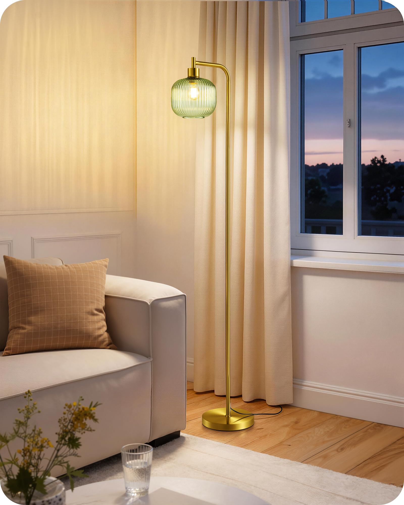EDISHINE Lampadaire sur Pied Salon, Lampe Arquée avec Abat-Jour en Verre Bonbon Vert Menthe et Structure Métallique Dorée, Lampe de Lecture Moderne avec Ampoule LED E27 2700K, pour Chambre, Bureau