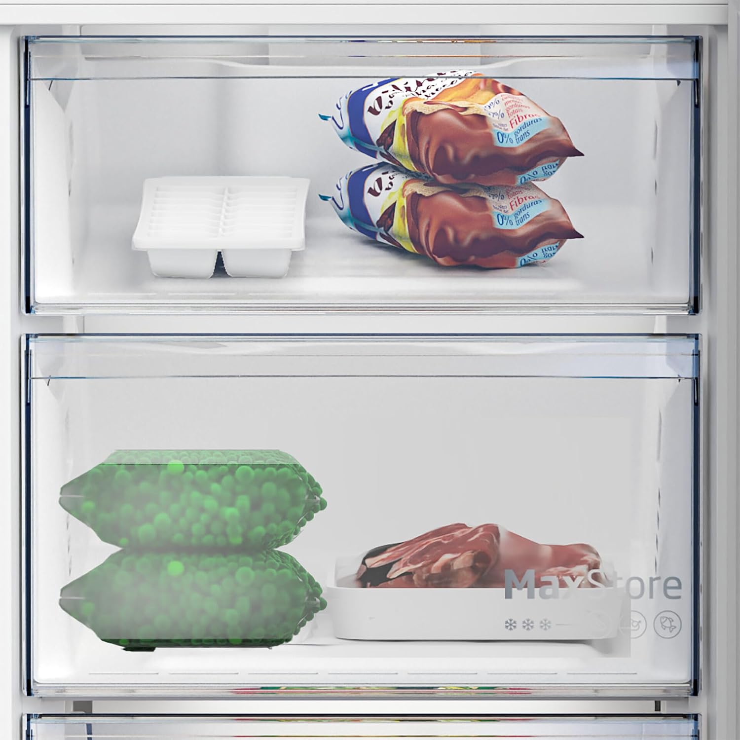 Close-up of the MaxStore freezer drawer in the Beko B5XRCNA366 refrigerator, designed for larger items.