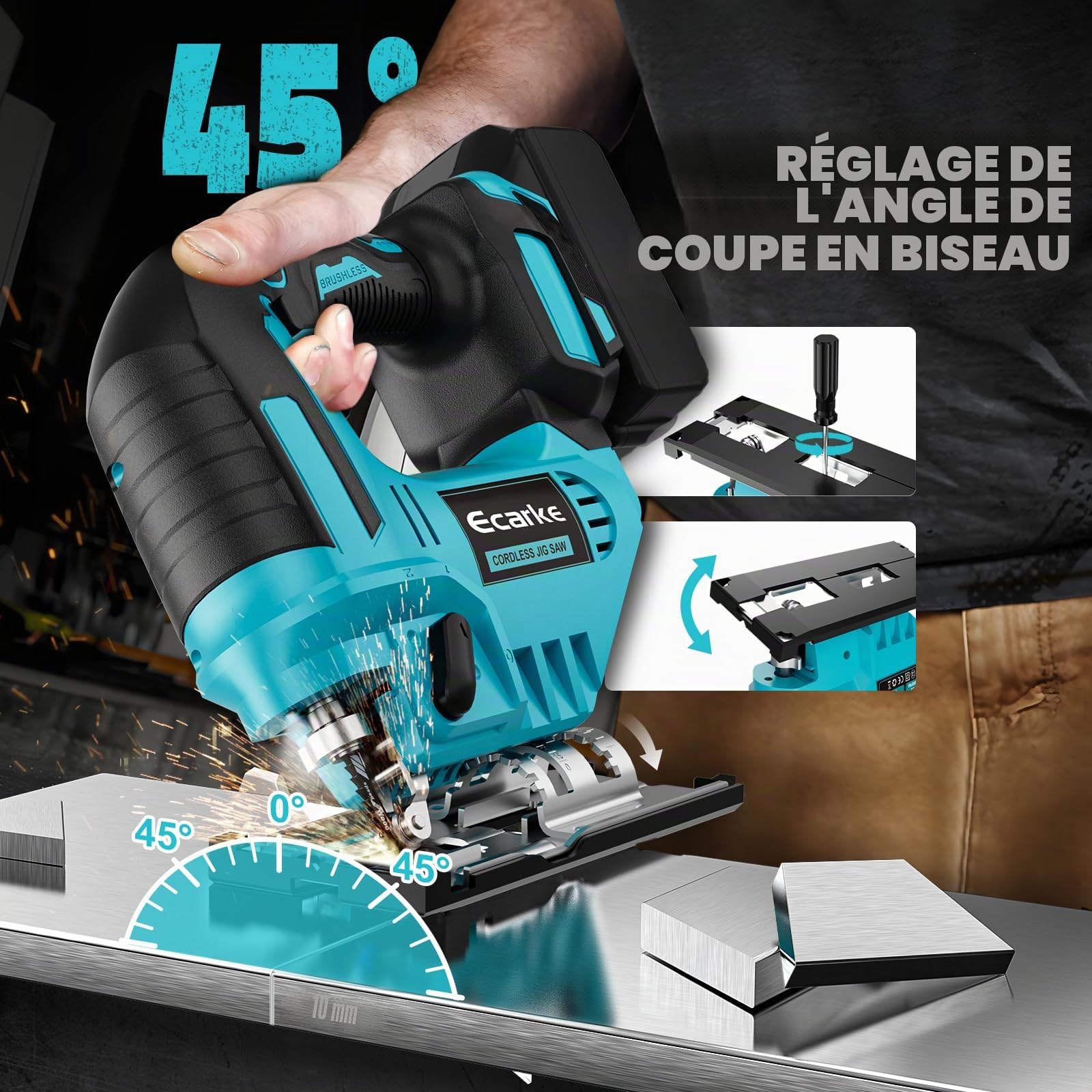 Ecarke Scie Sauteuse Sans Fil 750W Compatible avec Batteries Makita 18V, Vitesse Réglable, 6 Lames Incluses & Système de Serrage Rapide, pour Bois, Métal, Plastique(Outils Uniquement)