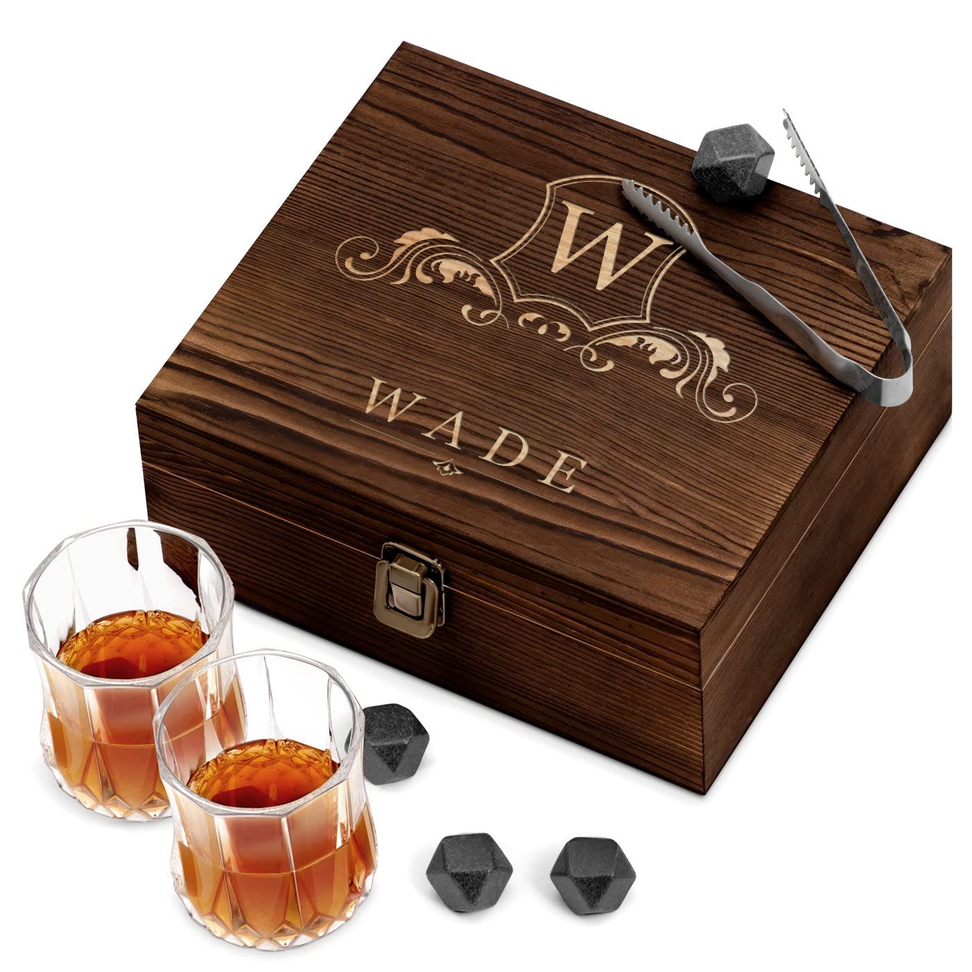 Maverton Whiskey stones set with 2 glasses - Chilling rocks in wooden engraved box - 8 reusable ice cubes - Present for a whiskey lover - Birthday gift for men - for connoisseur - christmas - MONOGRAM