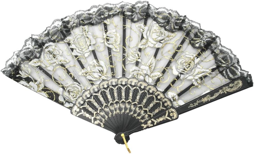 TRENDBOX Elegant Vintage Retro Flower Rose Lace Handheld Chinese Folding Fan For Dancing Ball Parties Ladies - Black