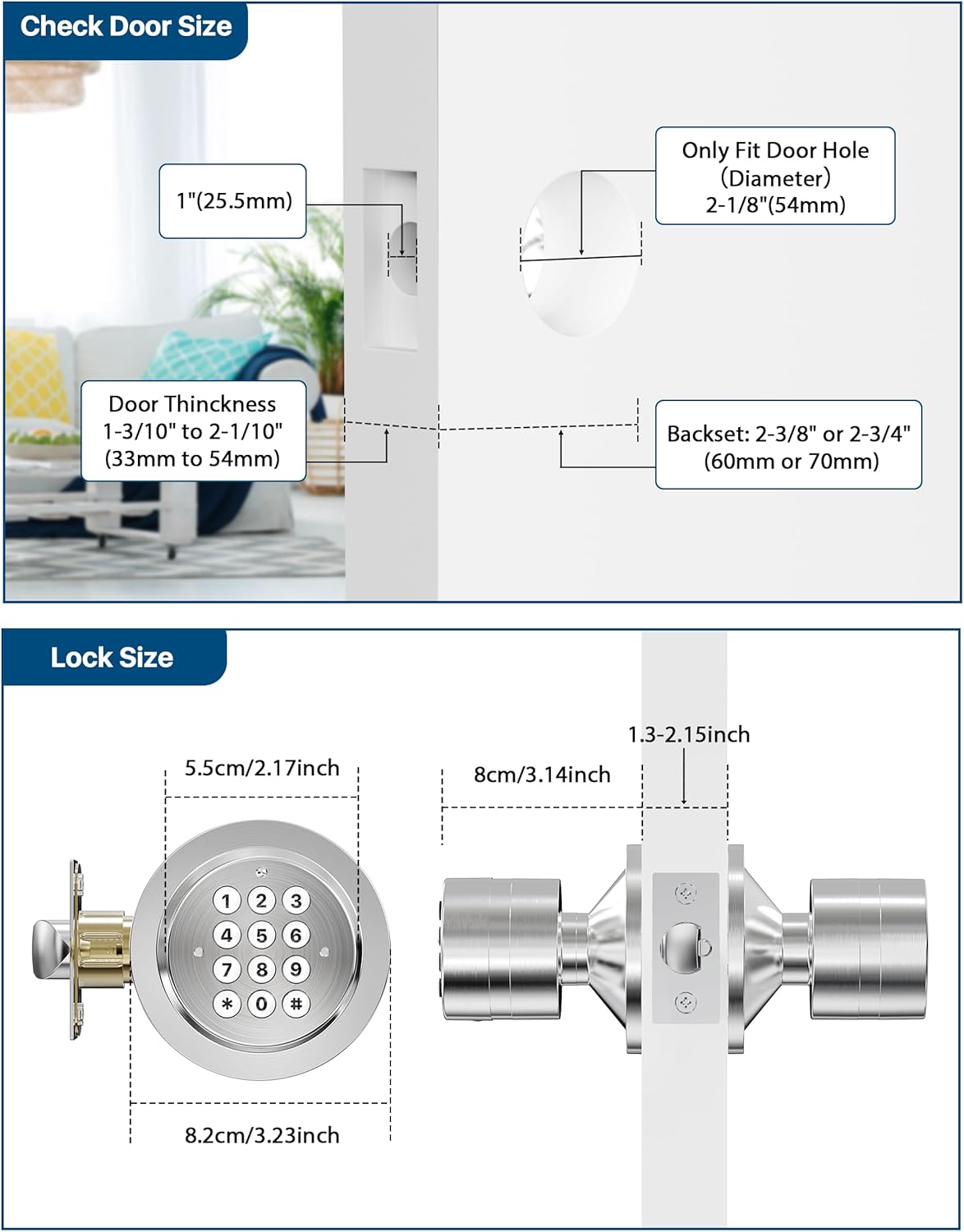 Door Knob with Keypad, Door Lock with Code, Keyless Entry Keypad Door Locks with Handle for Front Door Garage Home Apartment, Satin Chrome