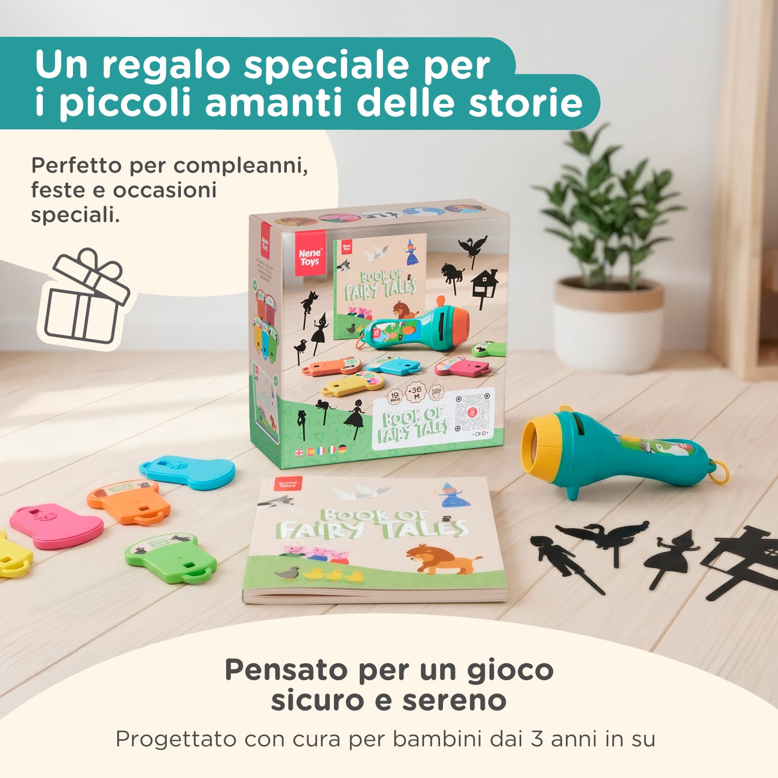 Nene Toys Libro di Fiabe con Proiettore a Torcia & Marionette delle Ombre per Bambini dai 3 Anni in su – 4 Storie Classiche in 5 Lingue, Set per la Lettura della Buonanotte