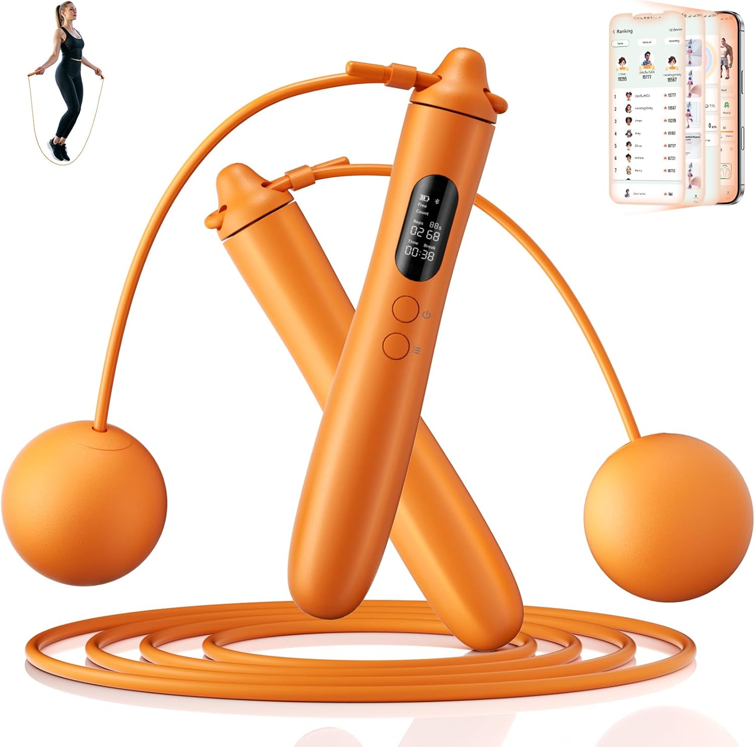 Smart Jump Rope, Wireless Jumping Rope, Supports Game App Interaction, Suitable for Home and Gym exercise, Fitness Skipping Rope, Suitable for Women, Men, Adults and Children Orange