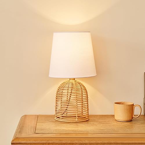 Miniatura 3 de Globe Electric 61000047 Lámpara de mesa de 14 pulgadas, base de ratán, pantalla de lino blanco, interruptor giratorio de encendidoapagado en el