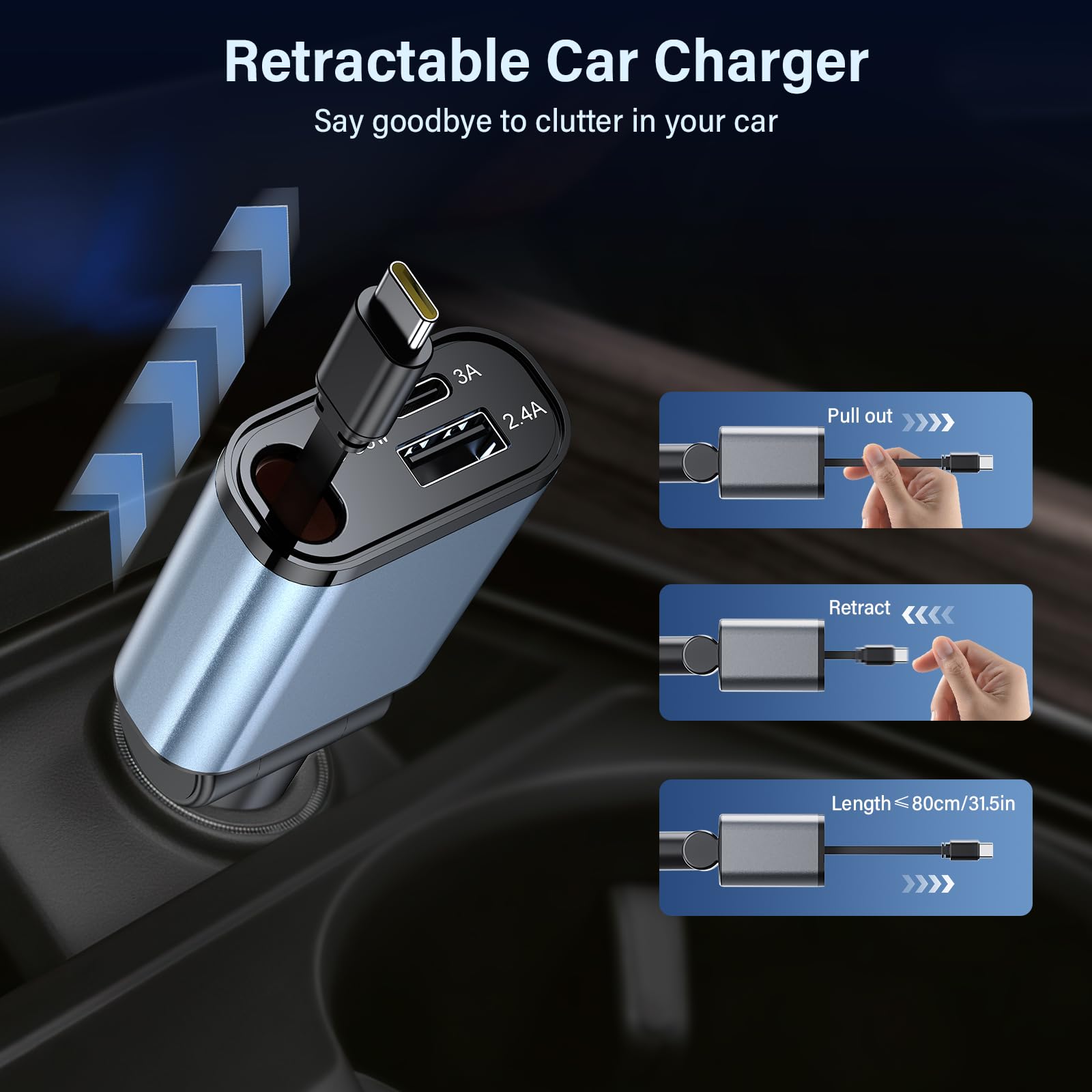 Ładowarka samochodowa USB C z kablem PD 30 W typu C, podwójny port zapalniczki samochodowej adapter 15 W USB-C + 12 W USB, 180° Flip kompaktowa ładowarka samochodowa 12 V/24 V do smartfonów i tabletów