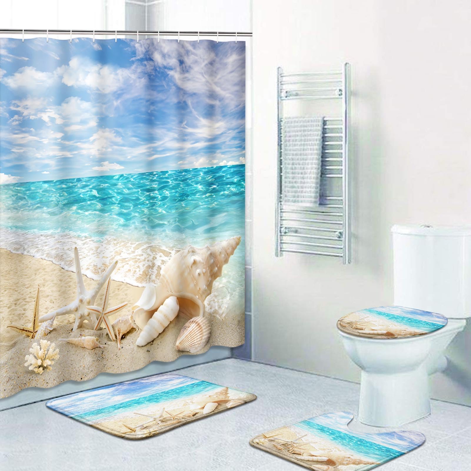 Rideaux de douche avec 12 crochets tapis de bain et housse abattant WC