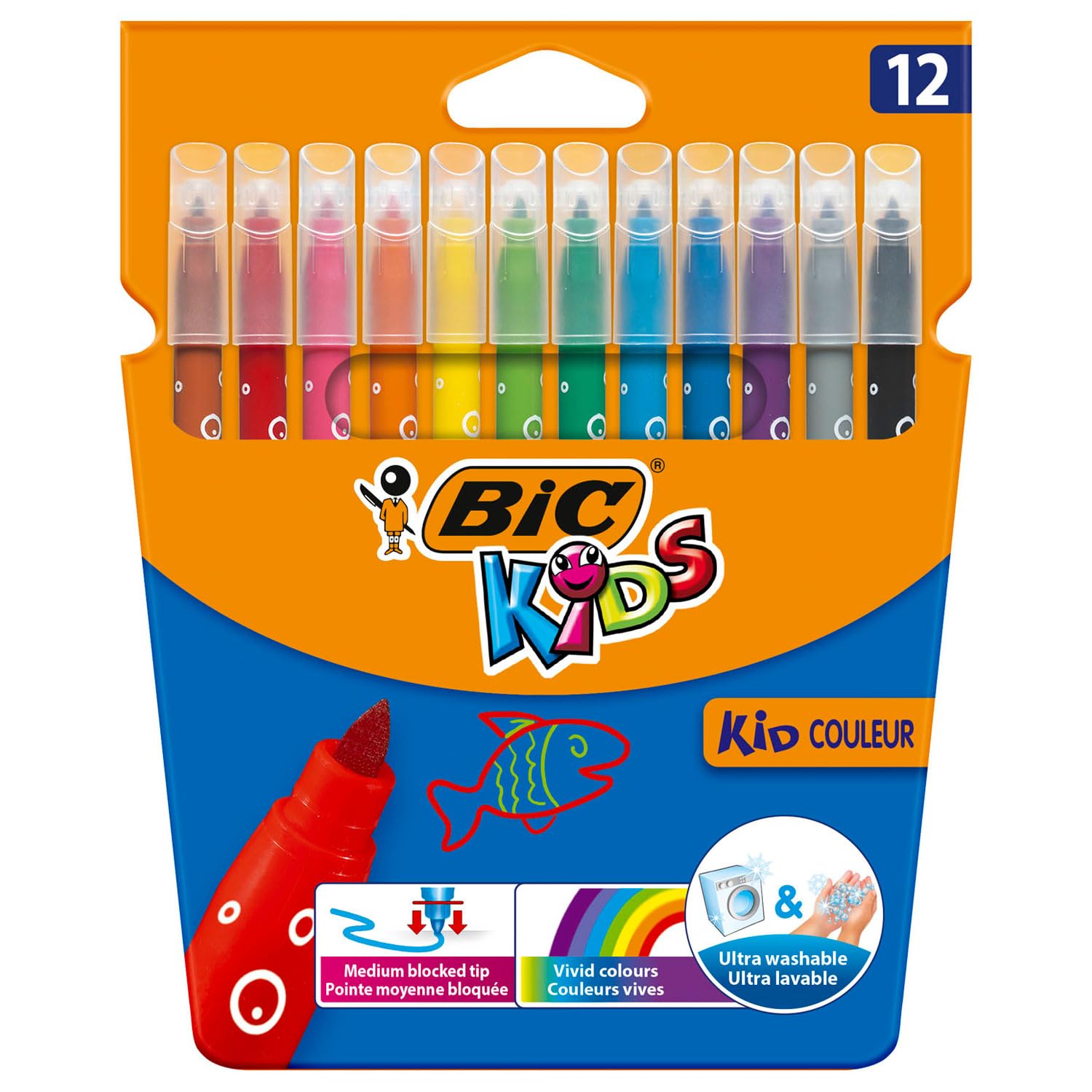 BIC Kids Kid Couleur Felt Tip Pens, Medium Blocked Nib, Assorted Colours, Cardboard Wallet, 12 Pack, Model 9202931