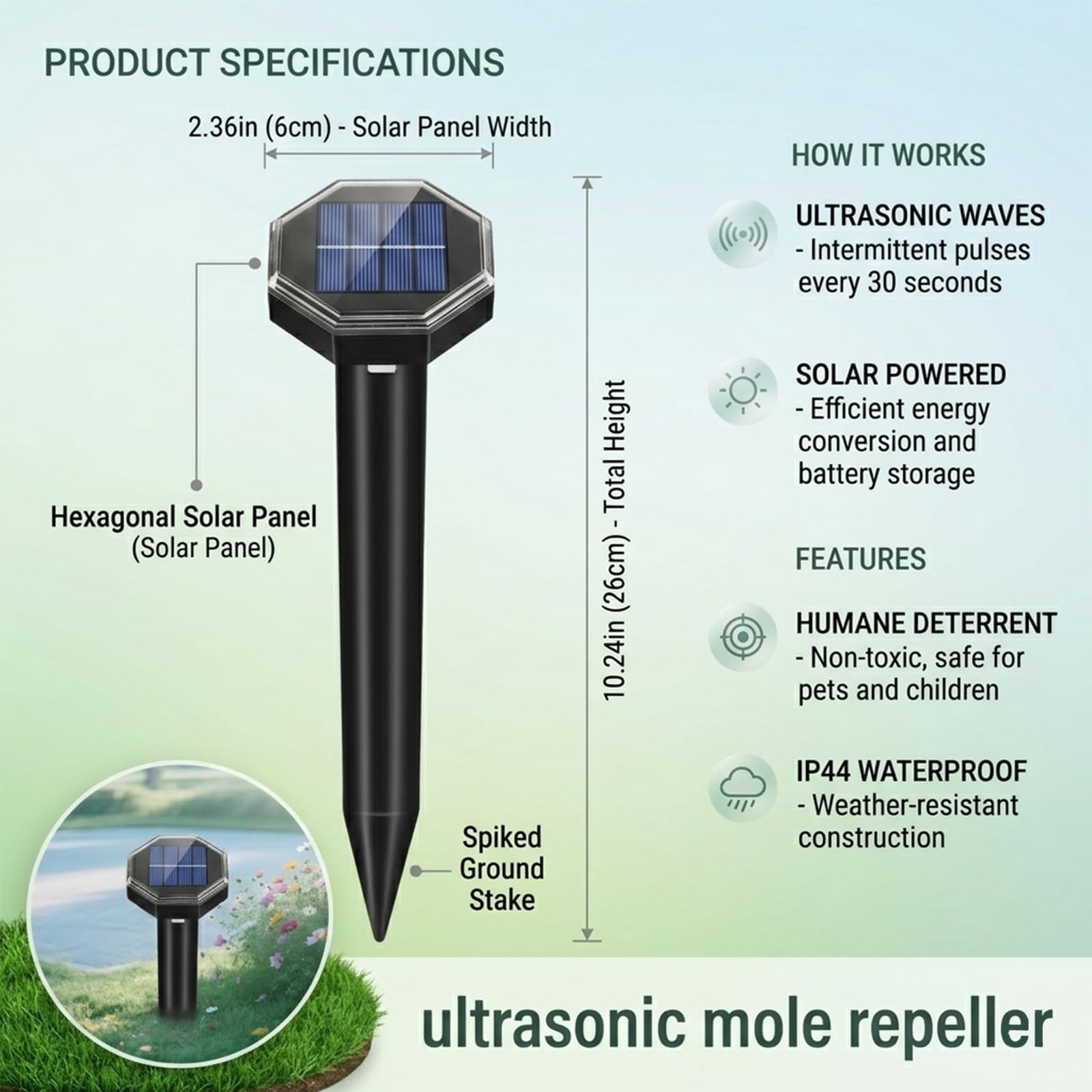 Confezione da 8 repellenti per talpe ad energia solare, repellente per arvicole, arvicole, marmotte, armadilli, impermeabili, ad ultrasuoni, per arvicole, scoiattoli, marmotte, armadilli, per prati da