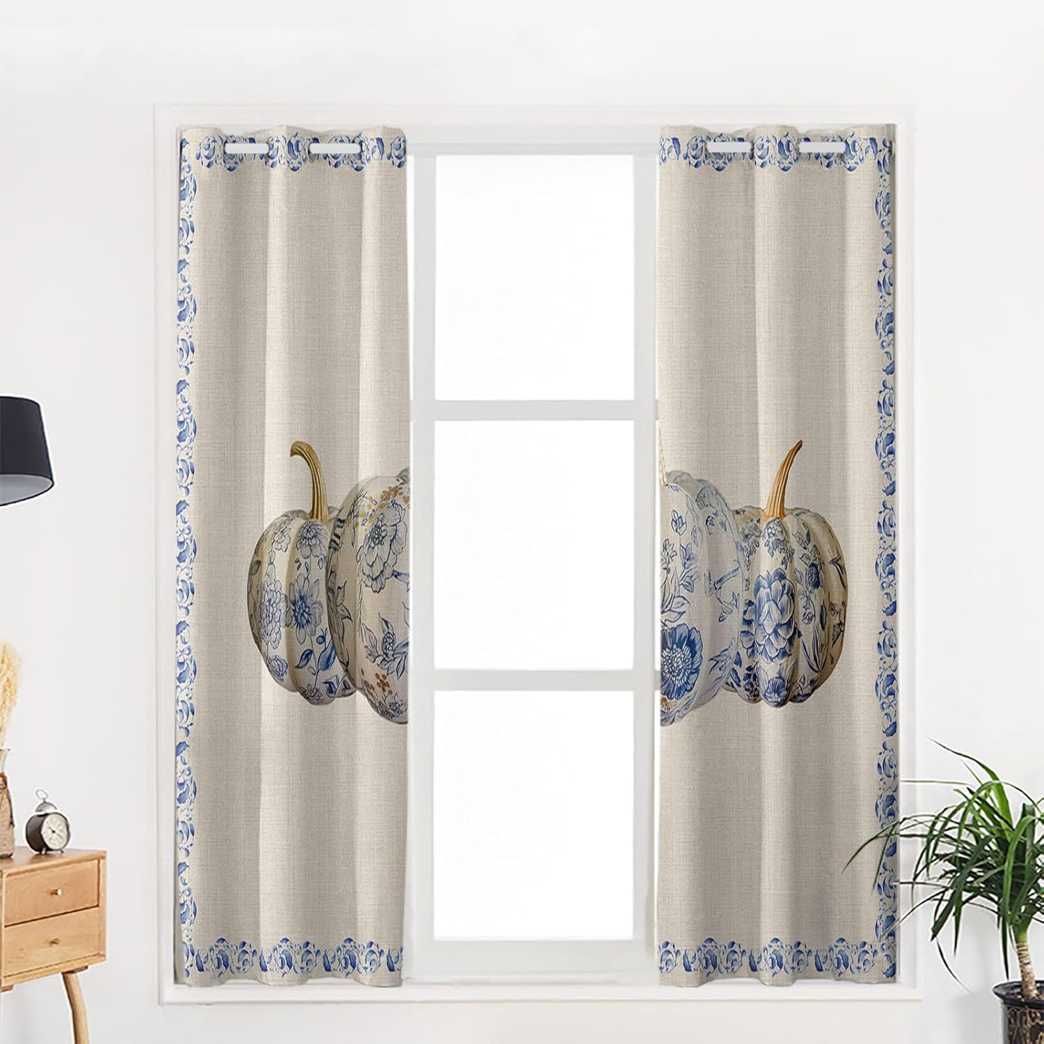 Blackout Curtain Room Darkening Drapes,Thanksgiving Pumpkin Floral Vintage Blue and White Porcelain Window Curtains 39 inches Long for Living Room,Grommet Thermal Insulated Bedroom Curtains 2 Panels