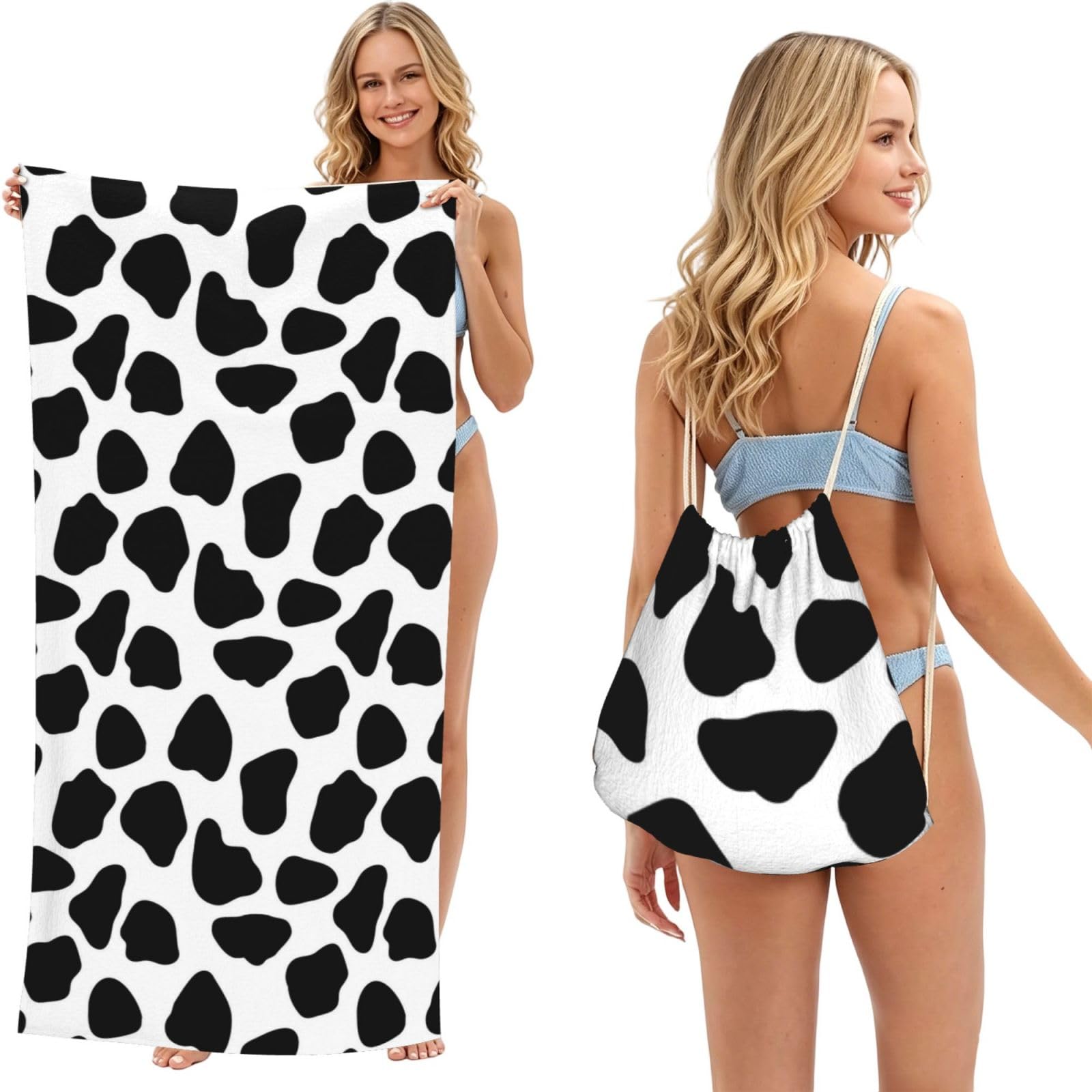 Poadnly As Picture Cow Print, 2 In 1 Packable Towel Bag, Beach Towels With Drawstring Backpack For Travel Holiday Camping