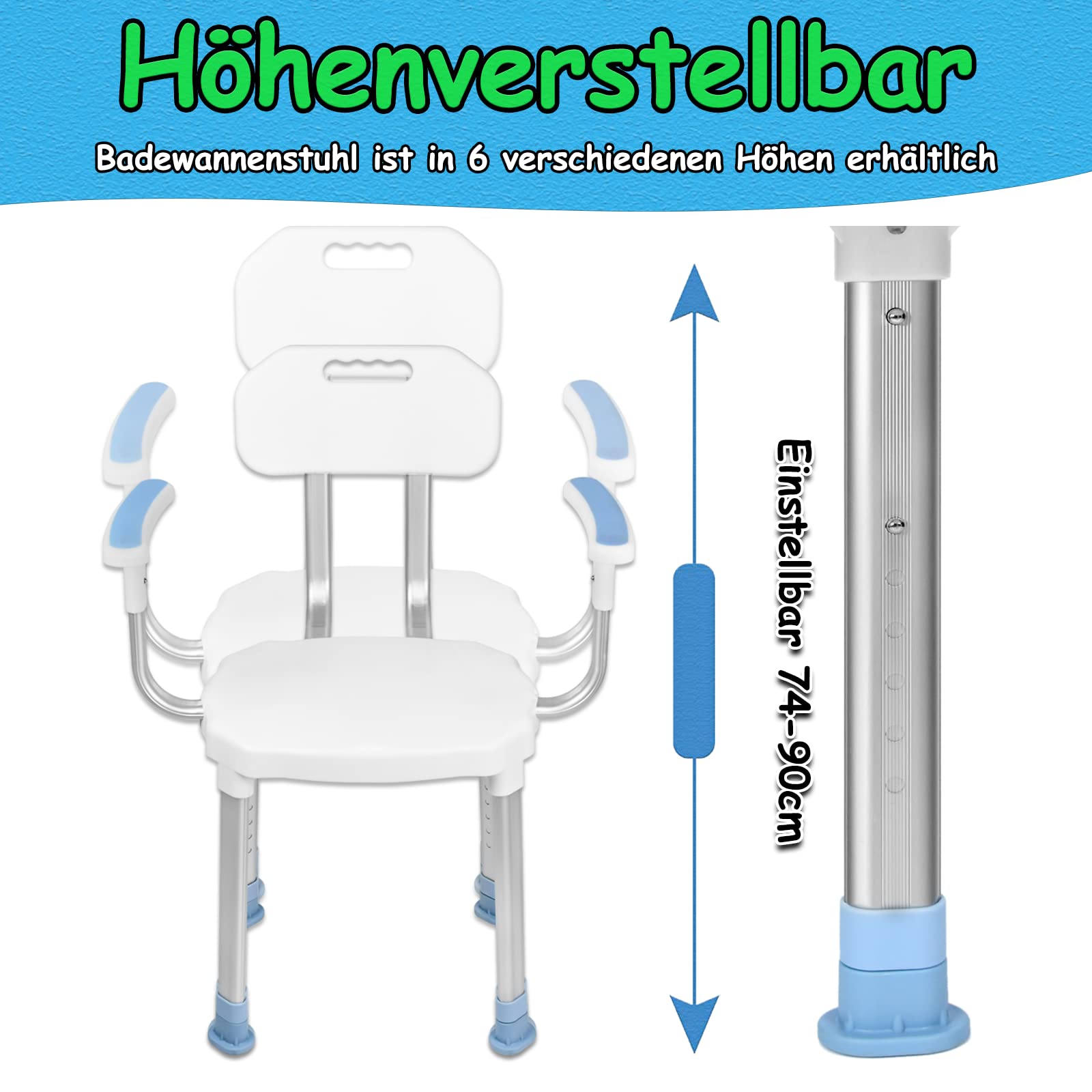 Froadp Duschhocker Duschstuhl Anti-Rutsch Badhocker mit Verstellbaren Armlehnen & Rückenlehne Badestuhl Duschsitz Badsitz Duschhilfe für Senioren Behinderte und Schwangere Tragfähigkeit 150kg (Typ B)