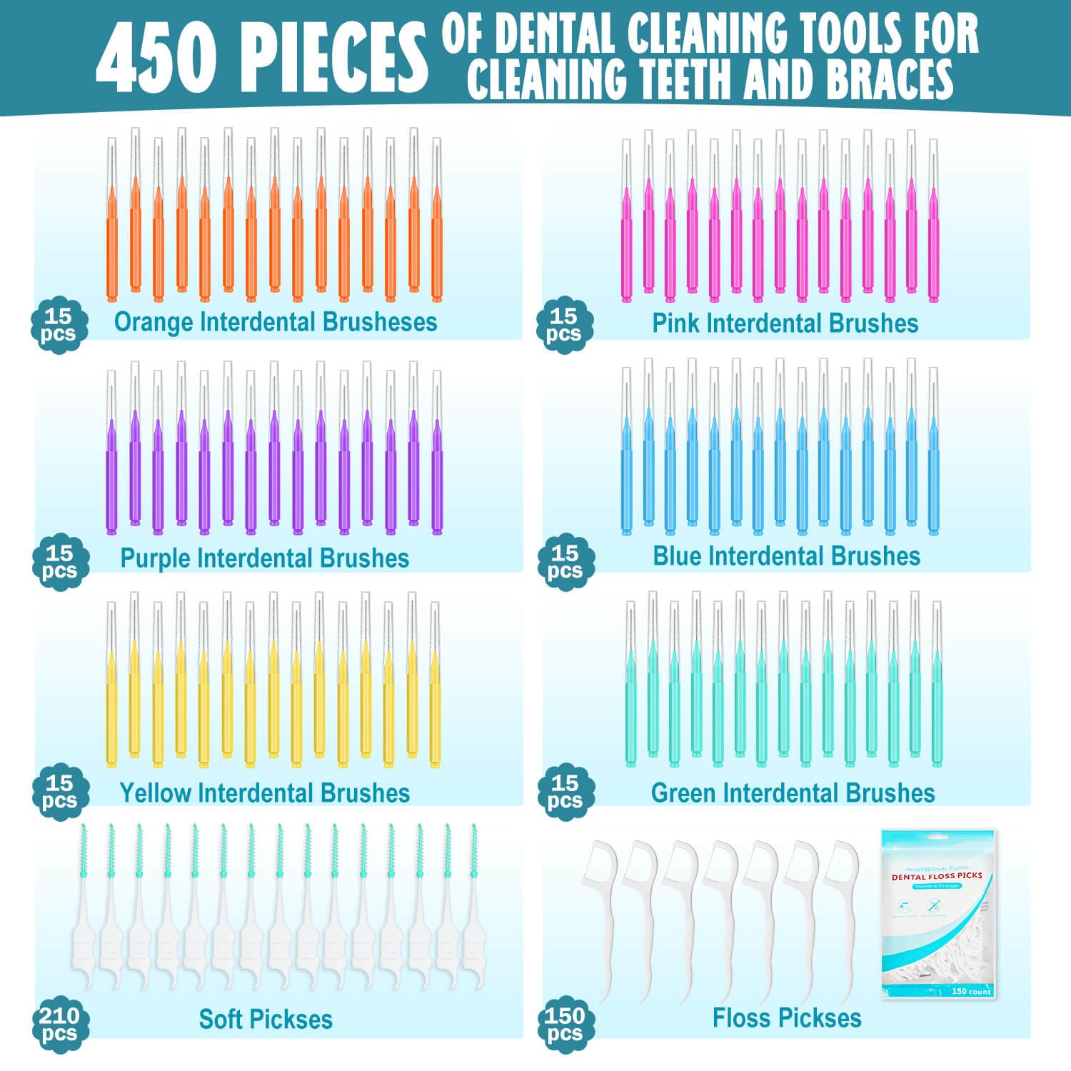 Lezmarket Juego de 450 cepillos interdentales y púas de hilo dental, cepillos de tirantes, púas suaves y varillas de hilo dental para dientes, cepillo limpiador de frenos, cepillo de hilo dental entre