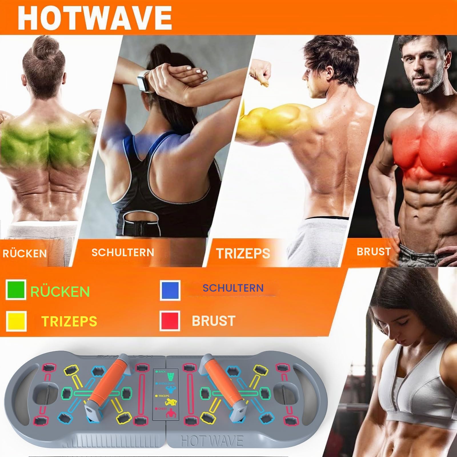 HOTWAVE Tragbares Trainingsgerät mit 16 Fitness-Zubehörteilen. 20-in-1 Liegestützbrett, Widerstandsbänder mit Bauch-Roller, Ganzkörpertraining zu Hause