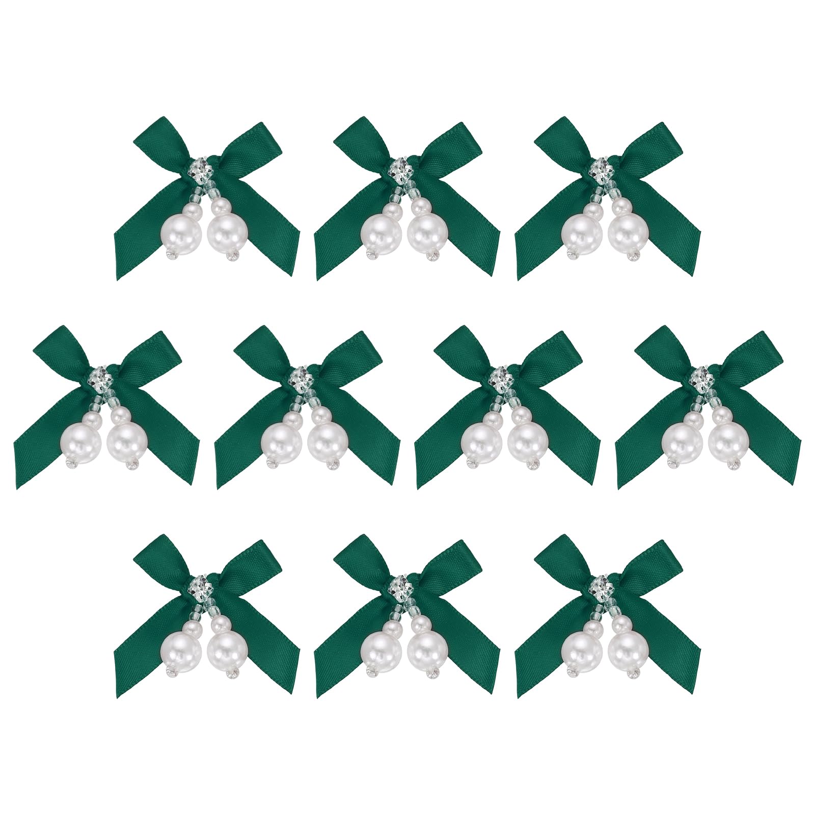 sourcing map 10 Pcs Mini Ribbon Bows, Satin Ribbon Bows Brooch Pearl Charm Bow Tiny Crafts Bow Decoration for DIY Sewing Scrapbooking Hair Clip Wedding, Green