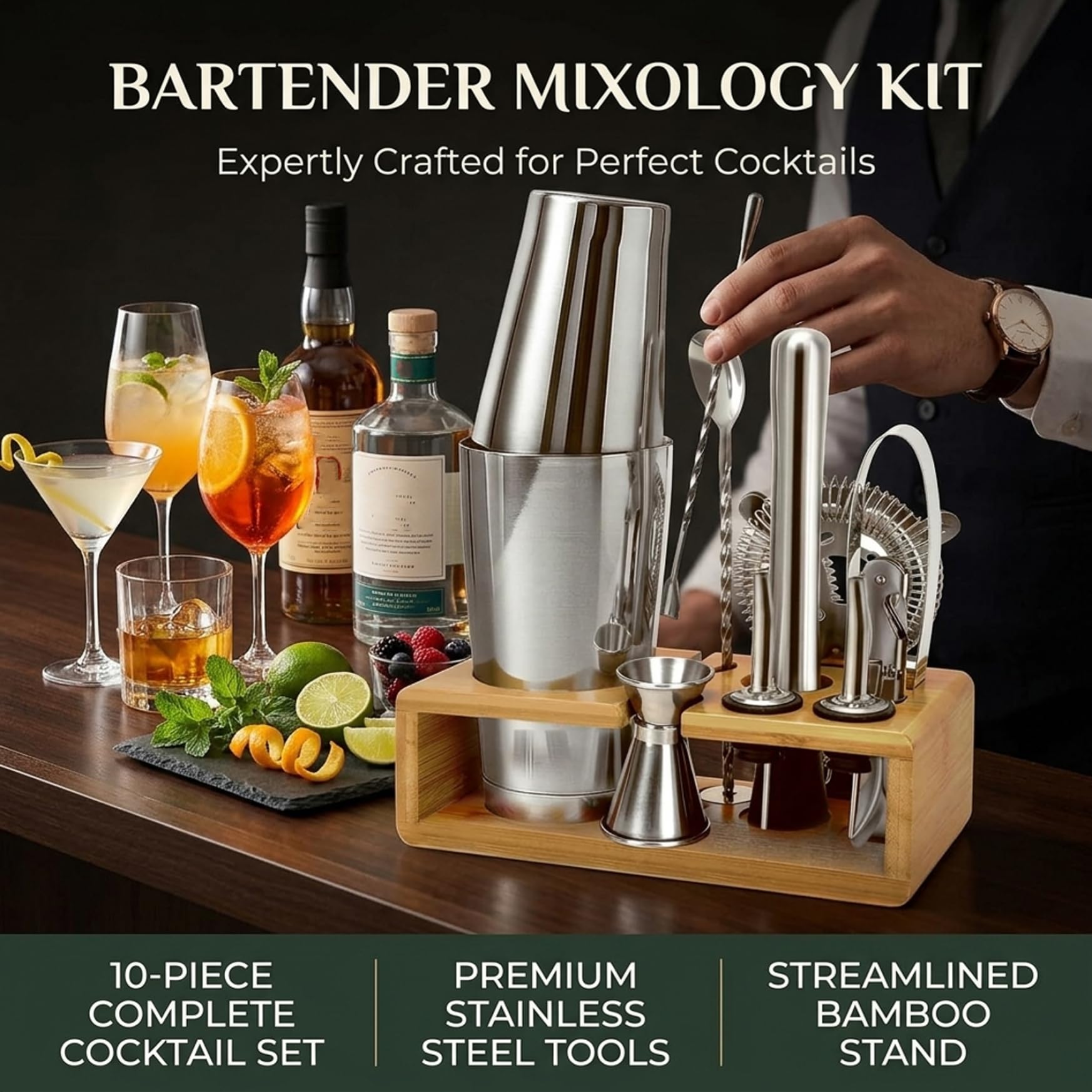Juego de coctelera de 10 Piezas, Juego de coctelera de Acero Inoxidable de 750 ml con Soporte de Madera Profesional para Bares caseros Barman