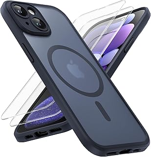TOCOL 3 in 1 Magnetic for iPhone 15 Case, Upgraded [Full Camera Protection] with 2 Screen Protector, Fit for MagSafe,Translucent Matte Back Phone Case 6.1", Magnetic-Black