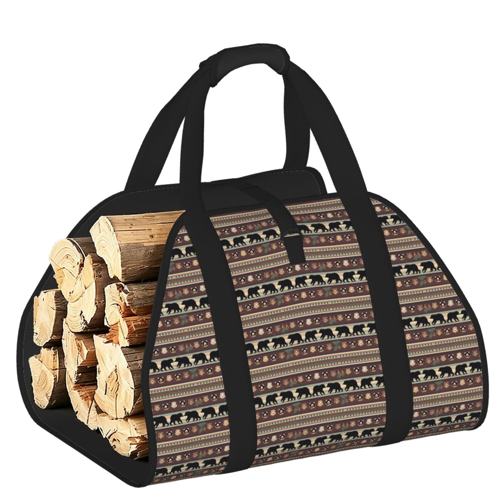 Ayyqwe Black Bear Print Firewood Bag Wood Waterproof Versatile Camping Picnic Storage Daily Home