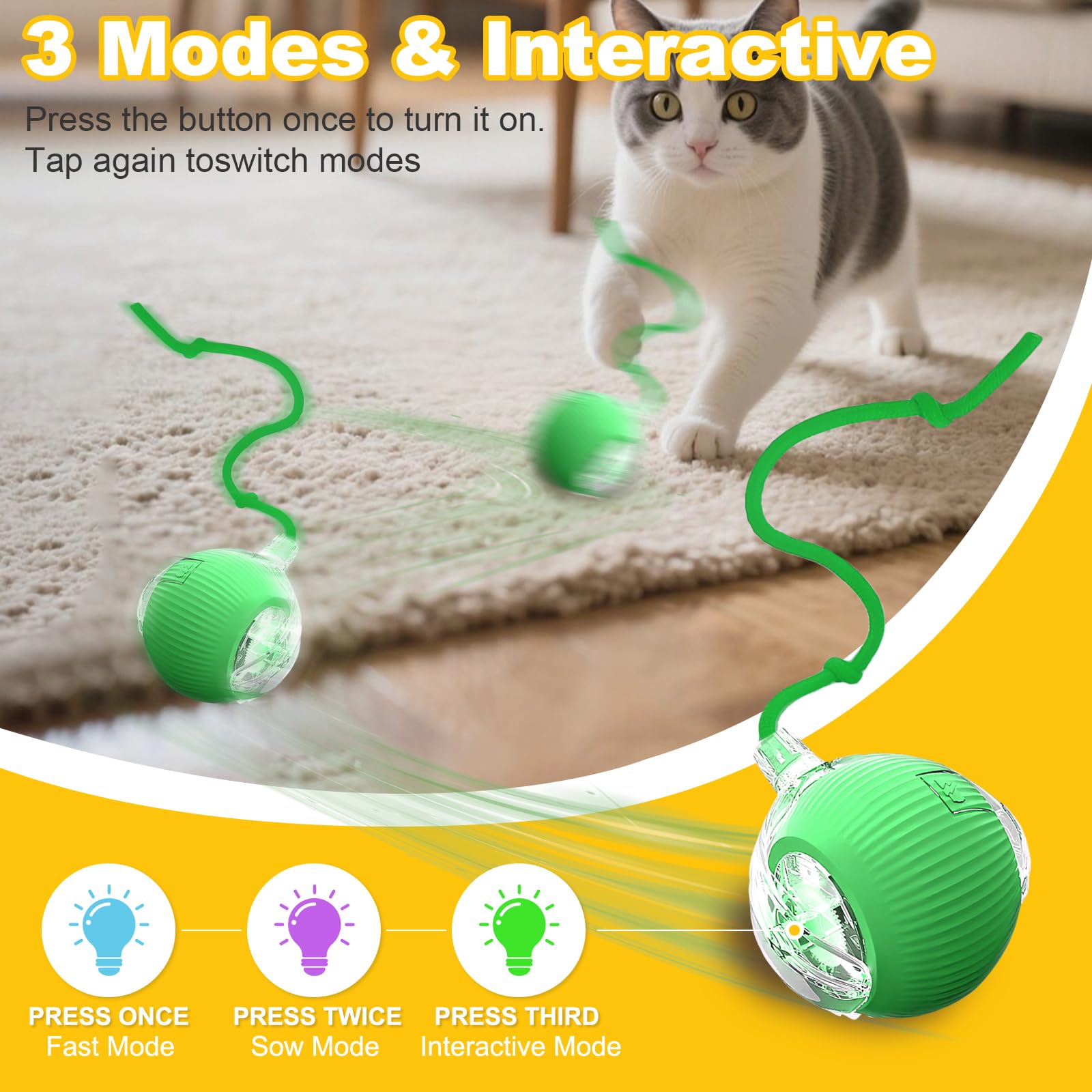 Paquete de 2 pelotas interactivas para gatos, rotación automática de 360°, evita obstáculos inteligentes, incluye 4 resortes en espiral para gatos y 1 ratón de juguete peludo, juguete ideal para gatos