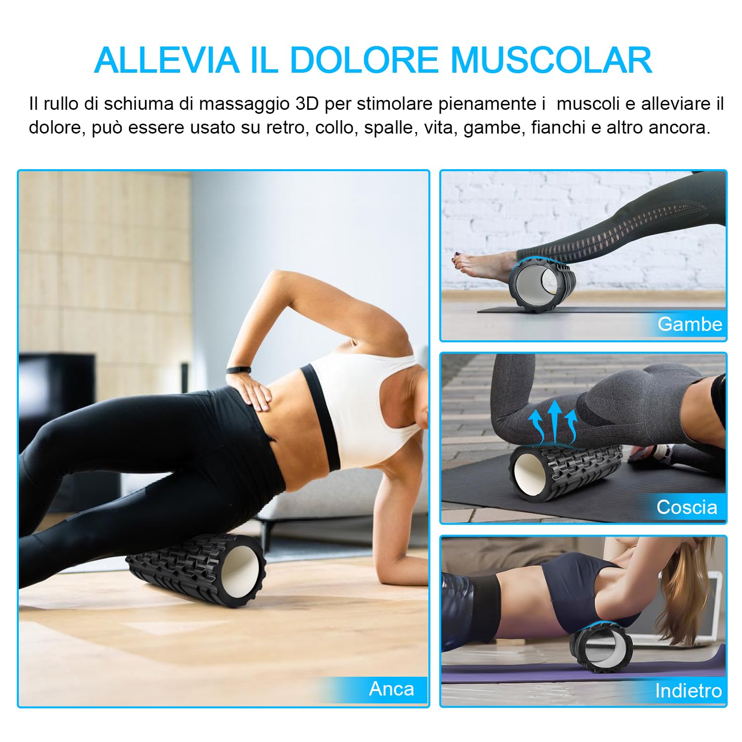 Foam Roller, Vylaier Rullo Massaggio Muscolare per Yoga, Pilates, Stretching, Roller Pilates Massaggio Gambe, Schiena e Braccia, essenziale per rilasciare le tensioni muscolari - 33x14cm