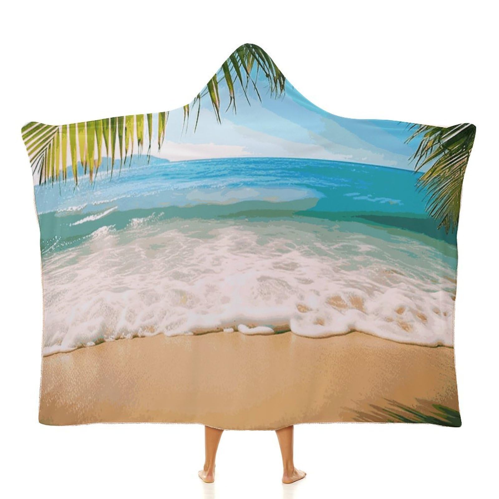 Ocean Sea Beach Palm Leaves Blanket Hoodie Soft Wearable Blankets Cozy Hoodie Throw Cloak Wrap Hooded Blanket 60"x80"