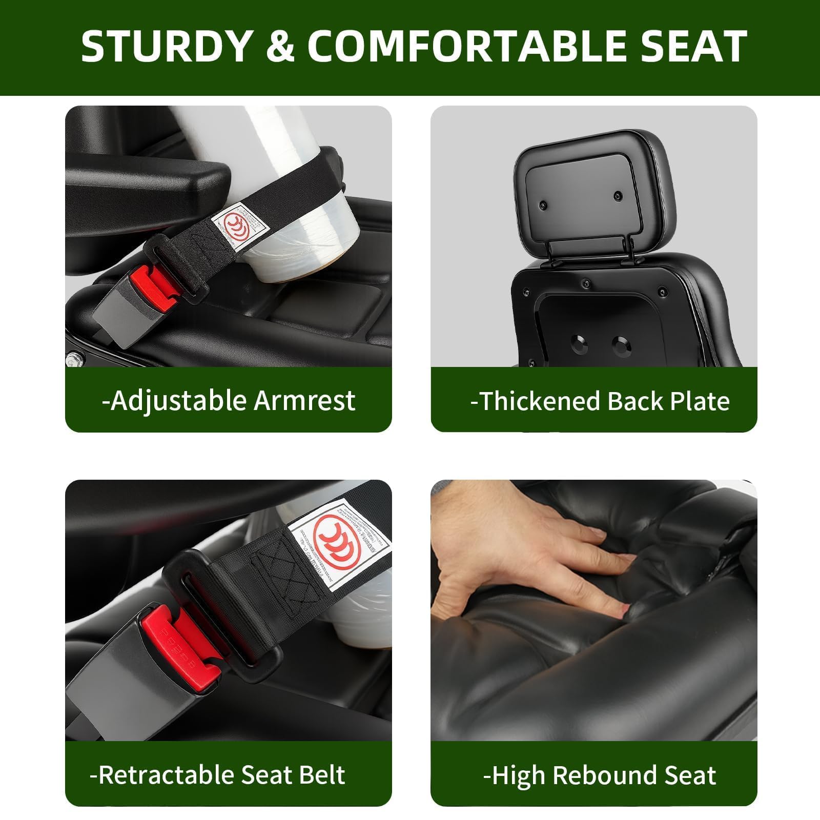 Universal Adjustable Forklift Seat, Tractor Seat with Armrest Headrest and Automatic Seatbelt, 26-27.5 In Height Adjustable Waterproof Loader Forklift Seat for Garden Tractor, Bucket, Excavator — view 5