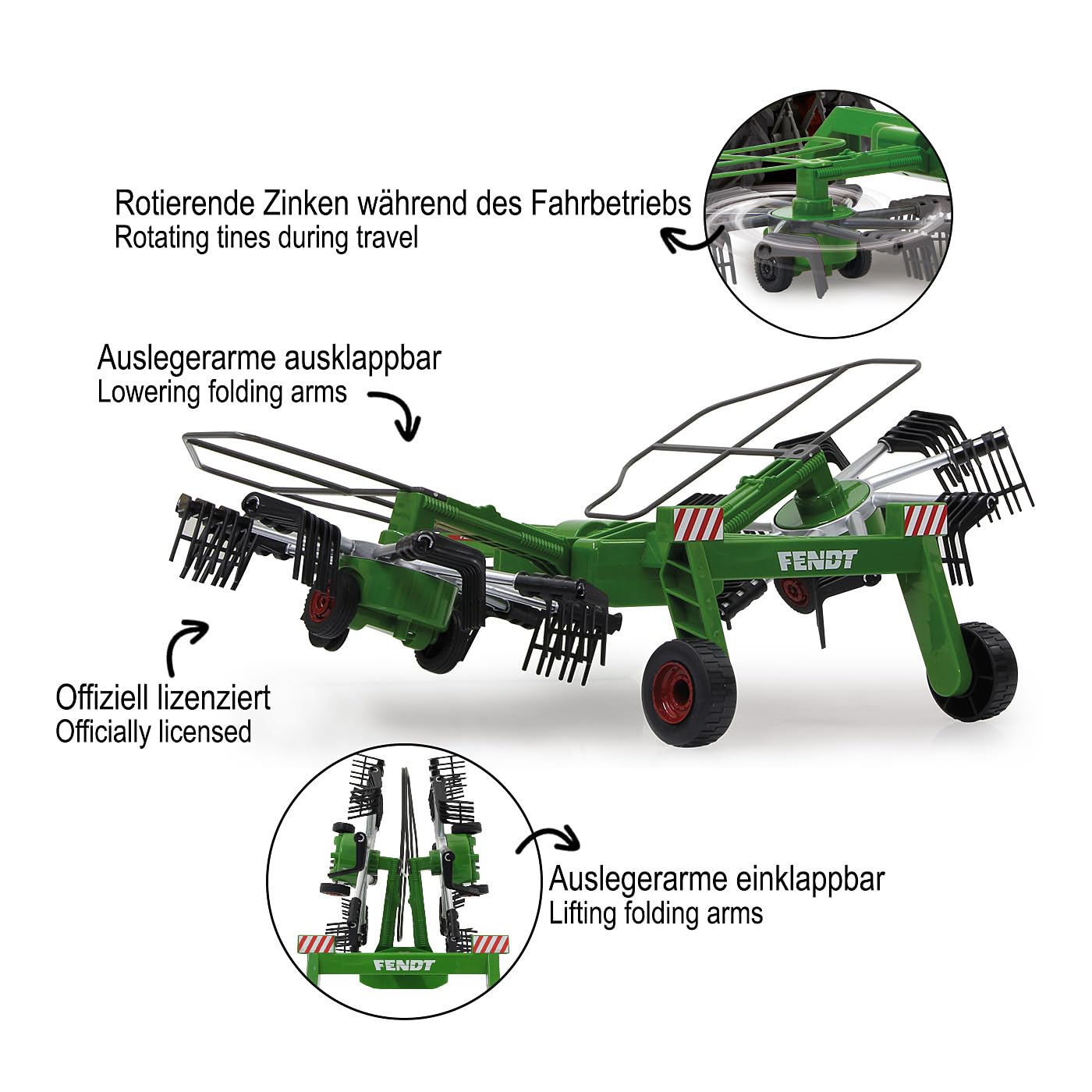 JAMARA 412589 – Fendt Rastrello Formatore – Denti rotanti Durante la Guida, Bracci mobili ribaltabili radiocontrollati, Gancio Anteriore del rimorchio