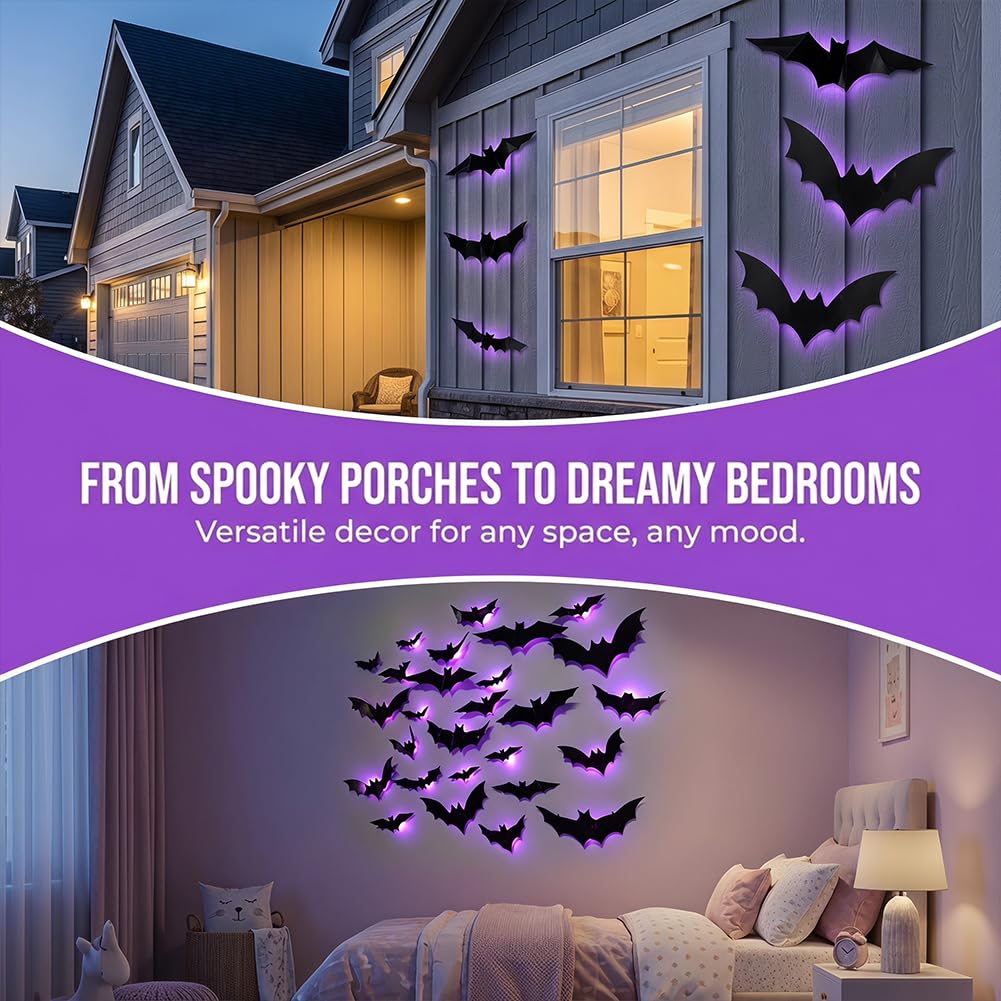 Podświetlane nietoperze 3D, zestaw dekoracji ściennych LED latający nietoperz, realistyczne naklejki ścienne, nietoperze Halloween, świecące dekoracje do wewnątrz, na zewnątrz, do domu, baru, okna
