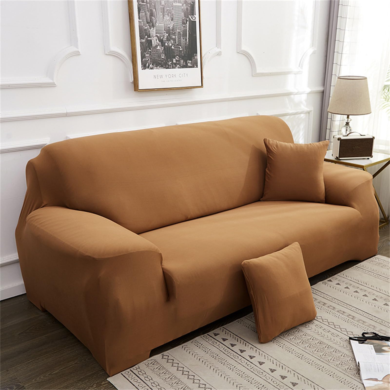 Hearda High Stretch Sofa Covers 1/2/3/4 Seater, Solid colours Soft Elastic Non Slip Sofa Slipcover Washable Universal Couch Sofa Cover for Kids Pets Living (Light brown,1 Seat)