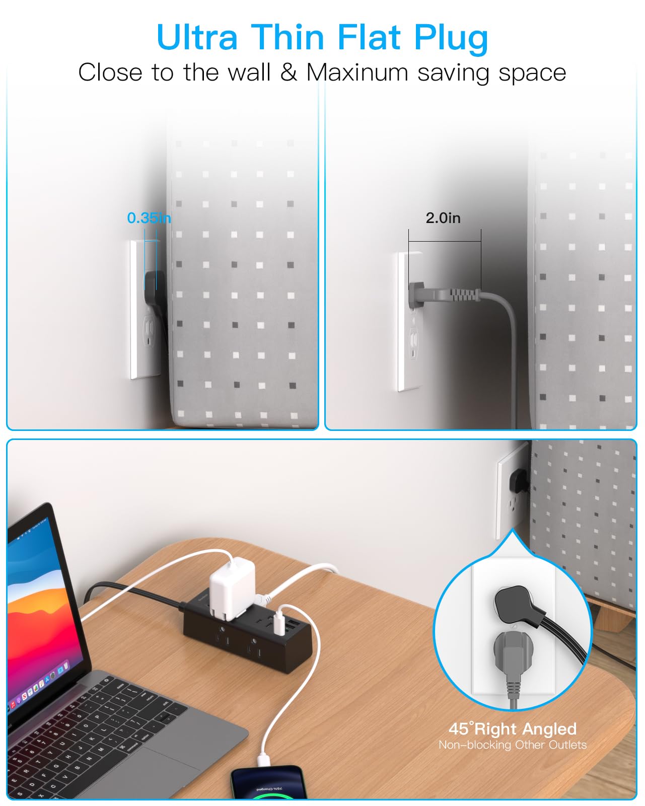 Câble d'extension de 3 m avec plusieurs prises, protection contre les surtensions à prise plate avec câble de 3 m de long, 6 prises, 3 ports USB (1 USB C), prise murale multiple pour voyage,