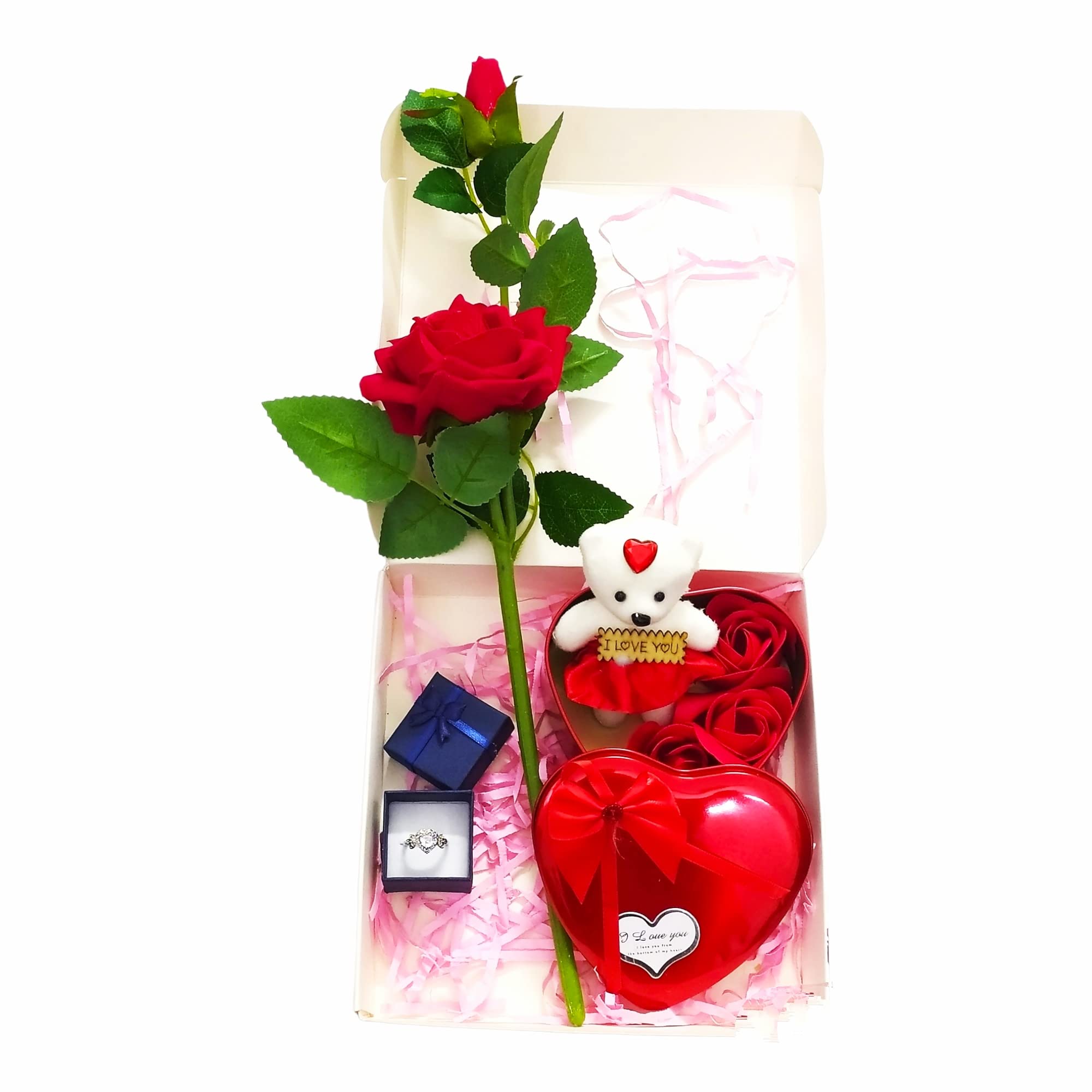 Valentine's Day Gift Combo of Silver Plated Heart Shape Adjustable Ring with Red Rose and Soft Teddy Bear Gift Box Girlfriend Boyfriend Wife Husband Him Her - Valentines Special-image-47