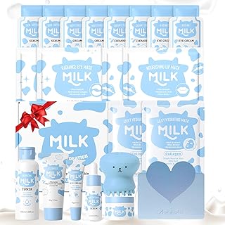 Milk Skincare Kit, 22 unidades Set de Cuidado Facial para Niñas, con Limpiador Facial Tónico Suero Contorno de Ojos Crema y Mascarillas, para Hidratante Calmante Nutritivo Piel Radiante