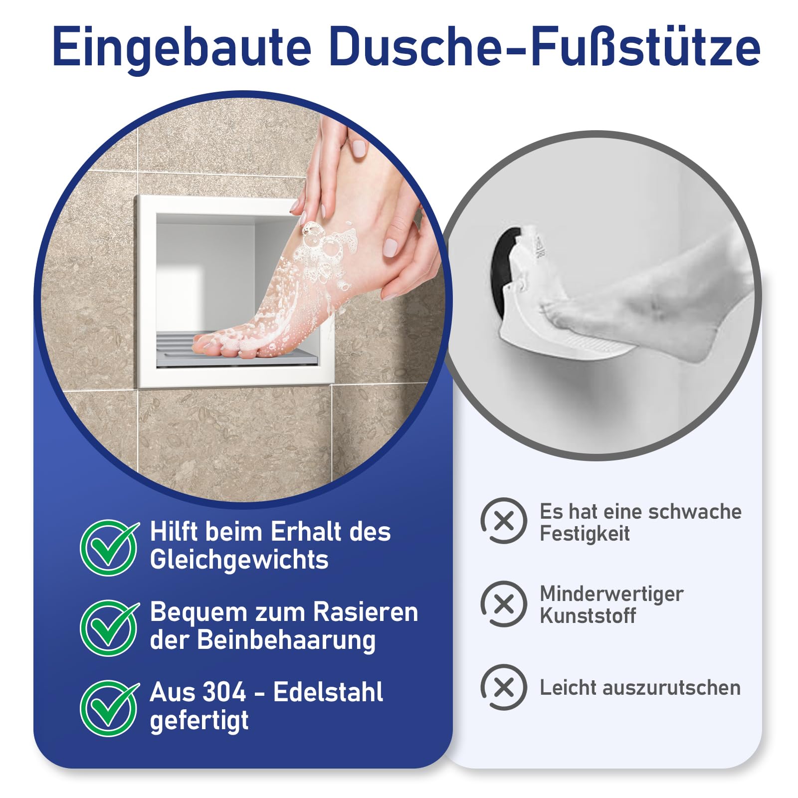 Duschnische, 304 Edelstahl Wandnische Weiß 15 cm x12 cm für Badezimmer, Einbaubadezimmer Fußstütze w/Over Mount Installation, Keine Fliesen erforderlich