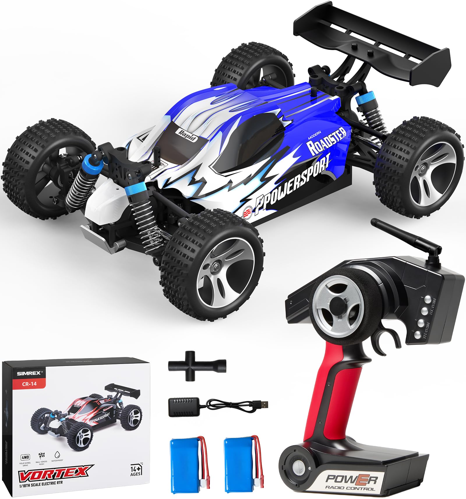 Photo 1 of SIMREX 1:18 Scale 4WD RC Car | 40+MPH High Speed Off-Road Remote Control Truck | All-Metal Transmission & Nylon Chassis | 30+ Min Runtime | Gift for Adults, Teens & Kids (Blue)
