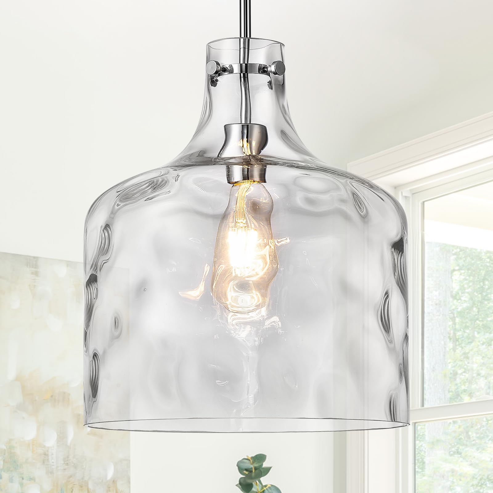 12" Chrome Farmhouse Pendant Light, Hammered Glass, E26 Hanging Light