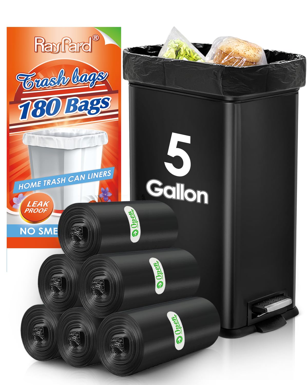 5 Gallon 180 Counts Small Strong Trash Bags Garbage Bags by RayPard, fit 18-20 Liter, 4.5-5,5.3 Gal trash Bin Liners for Home Office Kitchen Bathroom