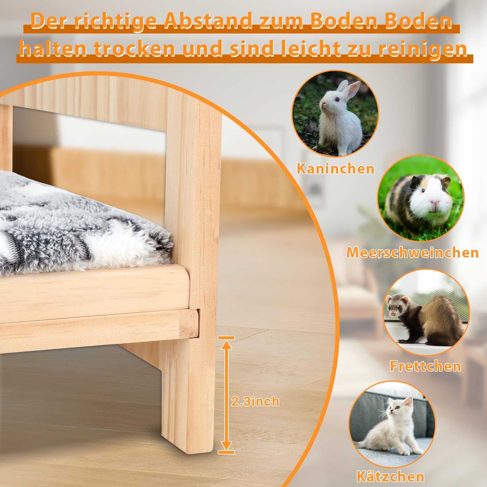 HYLYUN Großes hölzernes Kaninchenbett, 2 in 1 Zusammenklappbares Hölzernes Haustierbett mit Abnehmbarem Kissen für Kaninchen, Meerschweinchen, Kätzchen, Welpen schlafende kleine Tierbetten
