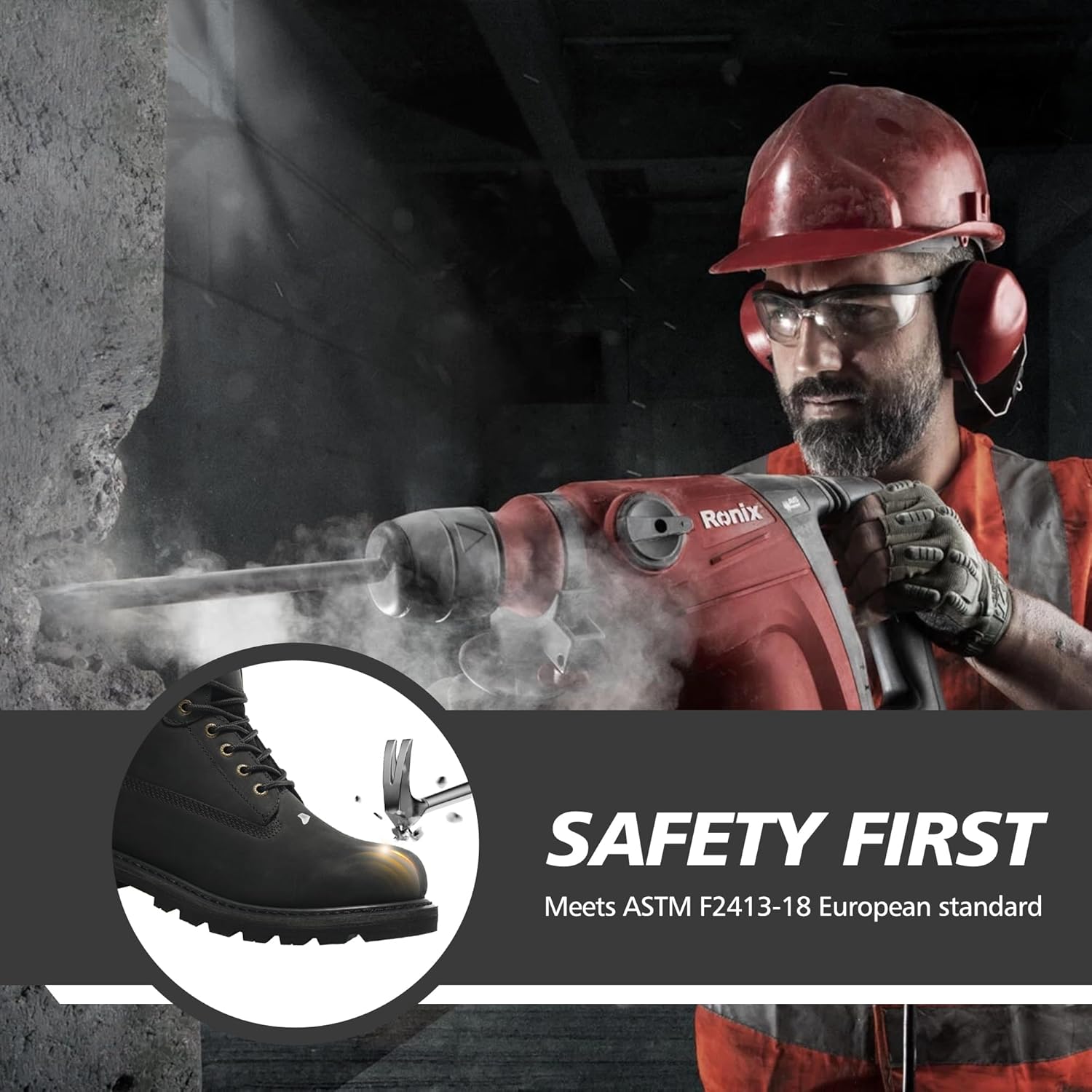 Steel Toe Work Boots for Men, 6-Inch Non Slip Comfortable Leather Waterproof Industrial Construction Safety Workboots - Image 5