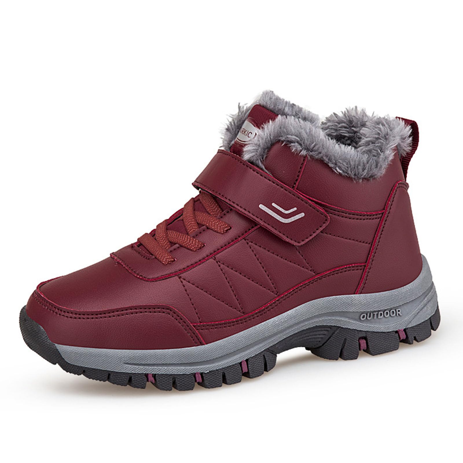 Women Leather Fur Lined Snow Boots with Hook Loop Comfortable Round Toe Platform Anti-Slip Warm Walk Shoes