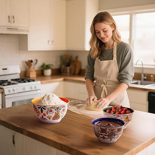 Miniatura 3 de TP Juego de 3 cuencos para mezclar con tapas, juego de cuencos de melamina para pasta, hornear ensalada, juego de 3, turquesa brillante