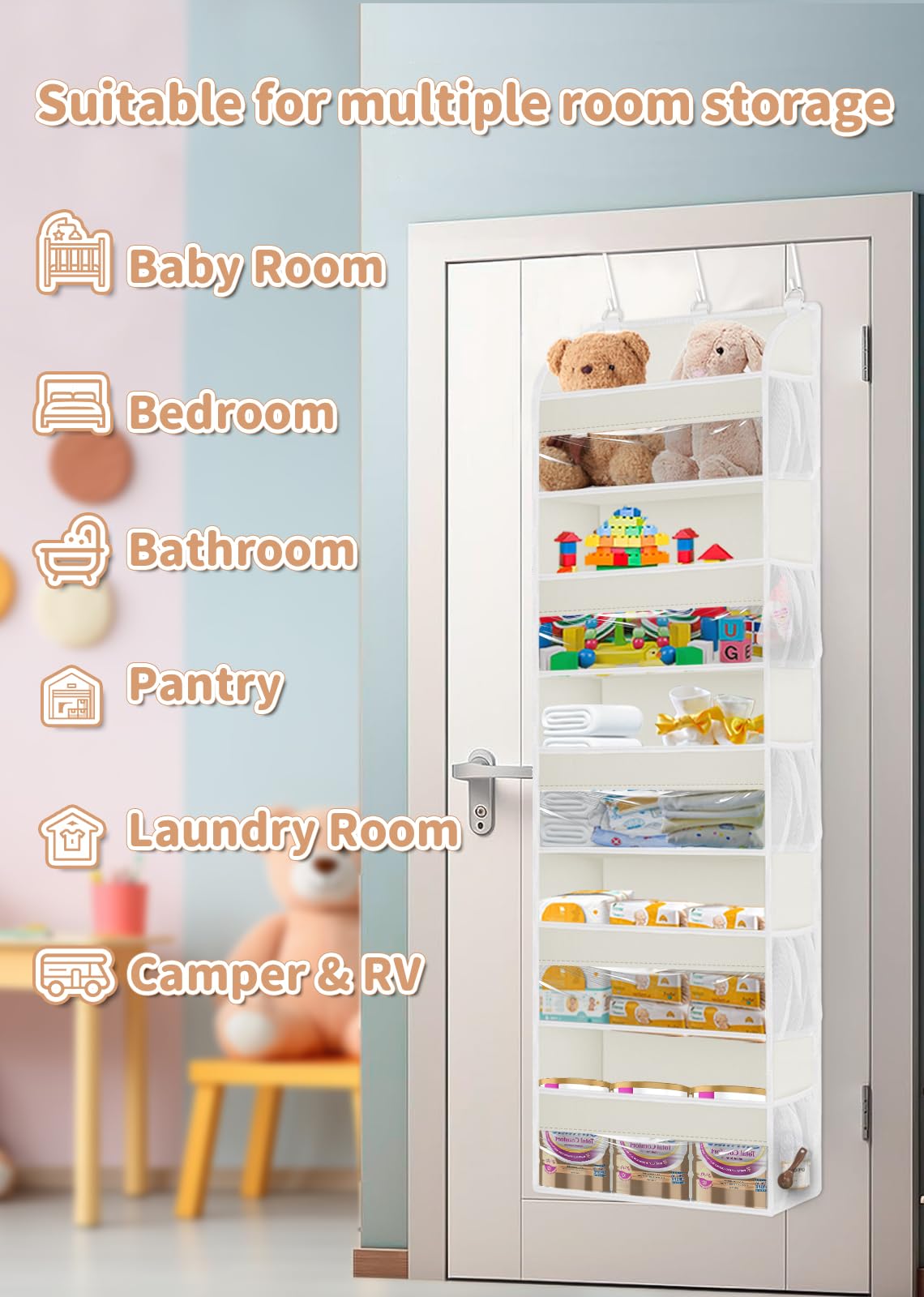 TAHAVICE Portaoggetti da Appendere con 5 Ripiani e 3 Ganci, Organizer da Appendere Salvaspazio, Mensole da Appendere per Porta per Camera da Letto, Bagno, Cucina, Furgone, Campeggio(beige)