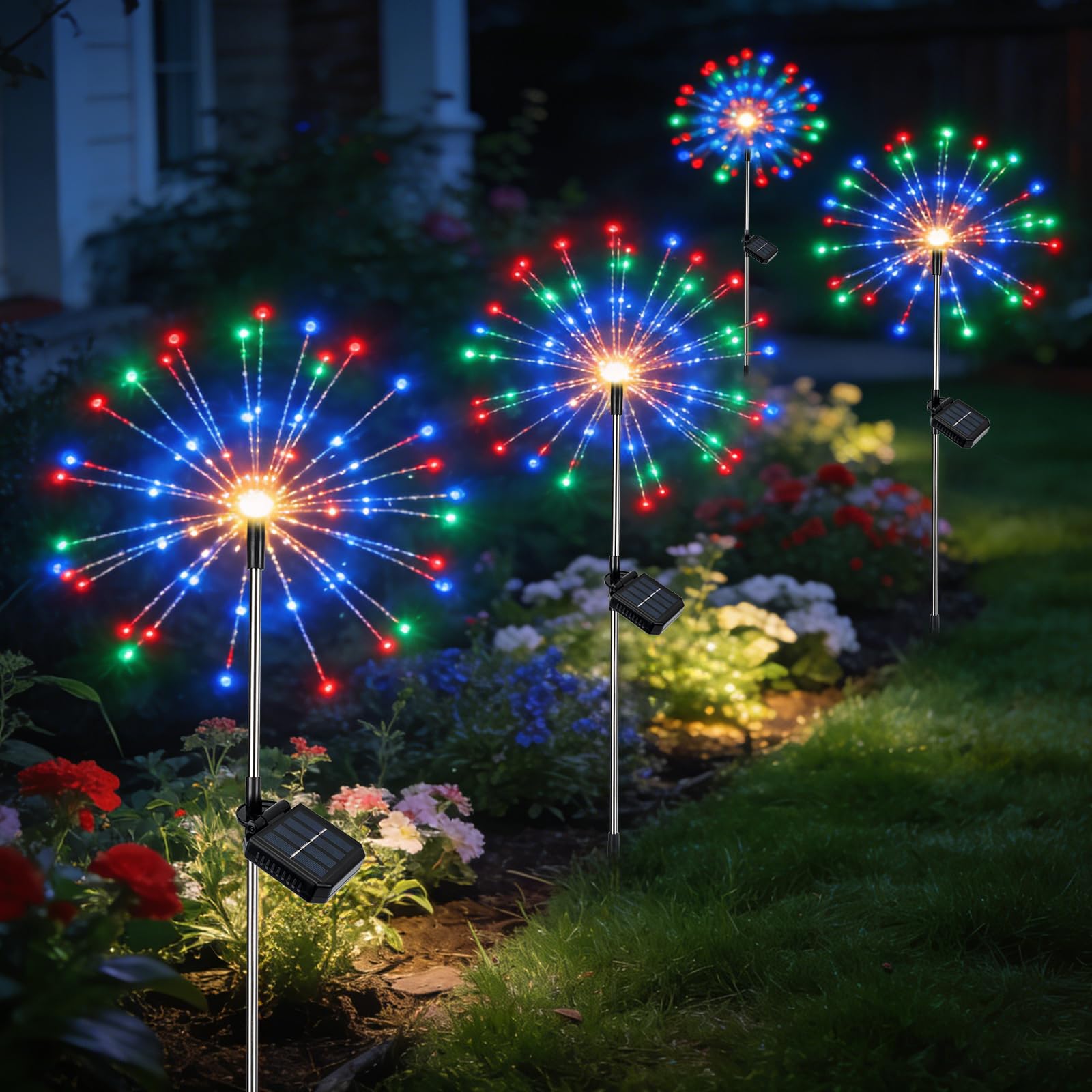 Solar Lights Outdoor Garden, Solar Firework Lights, 120 LEDs 8 Modes Waterproof Starburst Light , Dandelion Stake Light Landscape Lights for Yard Lawn Party Patio Wedding Decor(4 Packs, Multicolor)