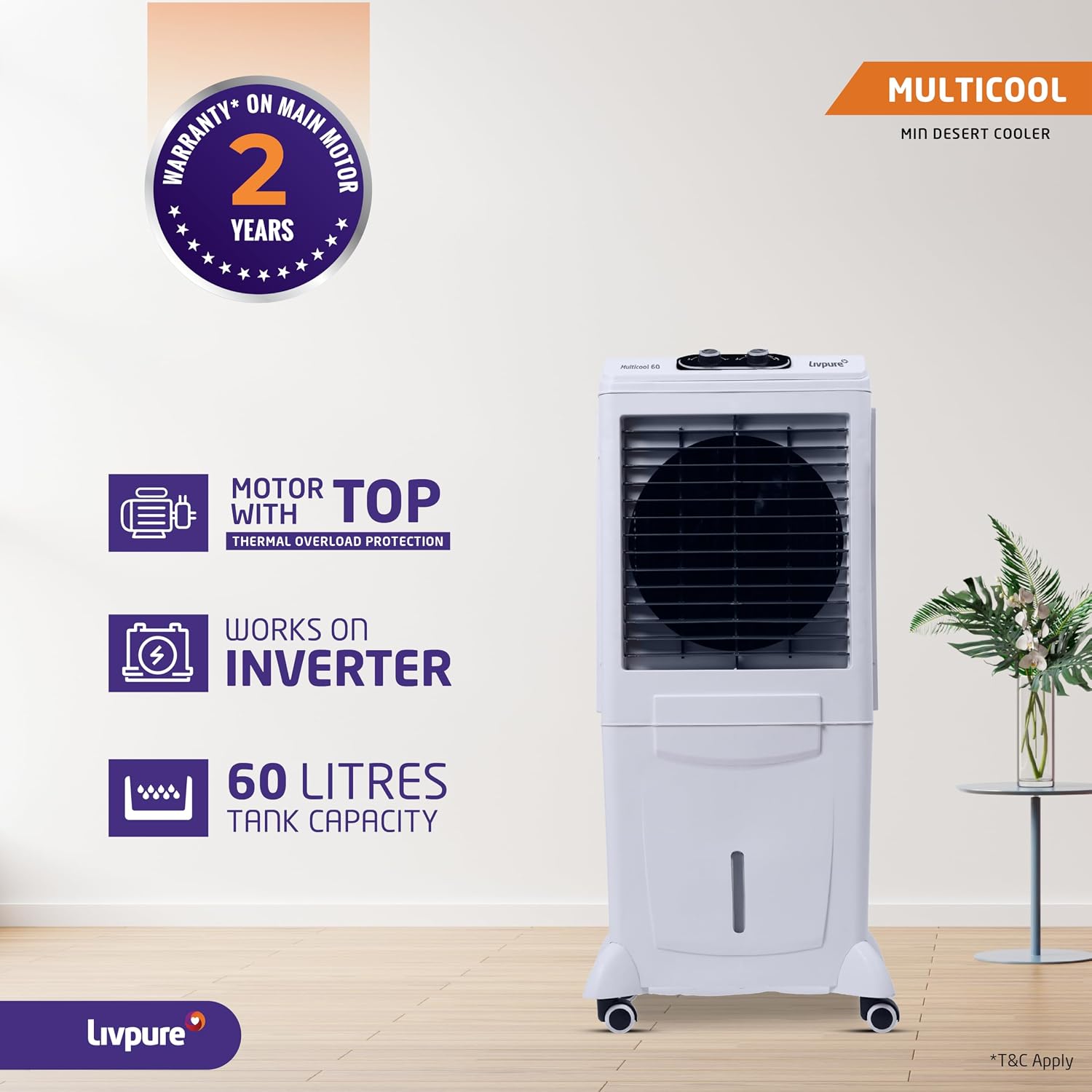 Livpure Multicool Mini Desert Air Cooler with 2-year motor warranty information