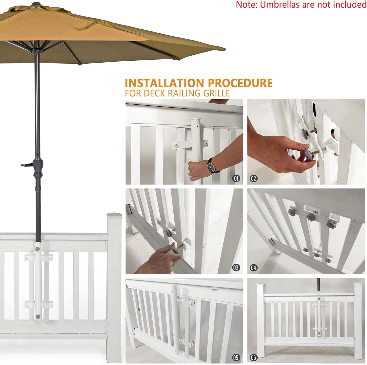 304 Stainless Steel Umbrella Holder for Deck Railing, Heavy-Duty Patio Umbrella Mount, Easy Installation Adjustable Outdoor Umbrellas Base(Grille, White)