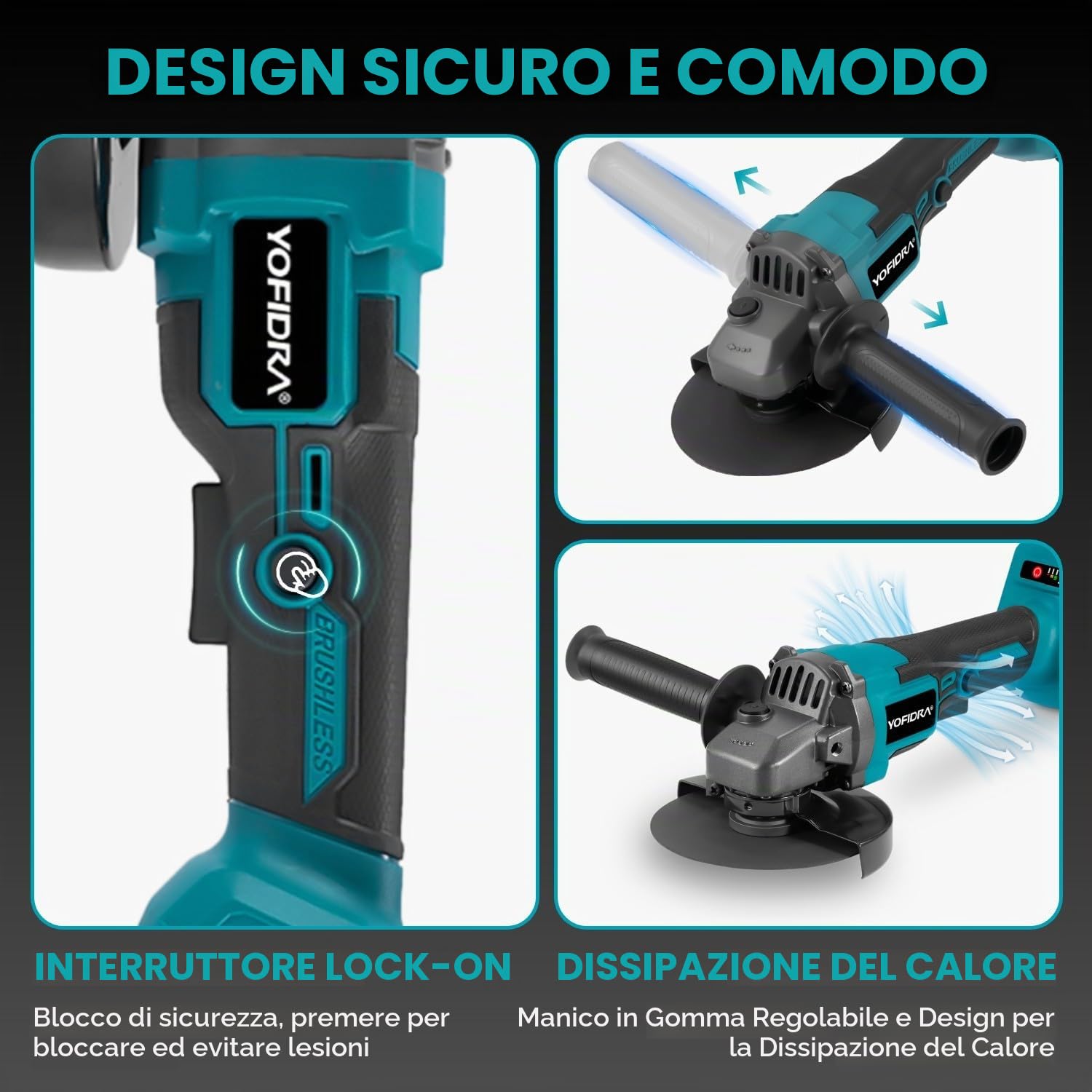 Yofidra Smerigliatrice Angolare a Batteria, Flex a Batteria 21V | 125mm | 5600RPM | 600W | 3 Velocità Regolabili | 2 Batterie 3.0Ah | 3 Dischi per Taglio e Levigatura