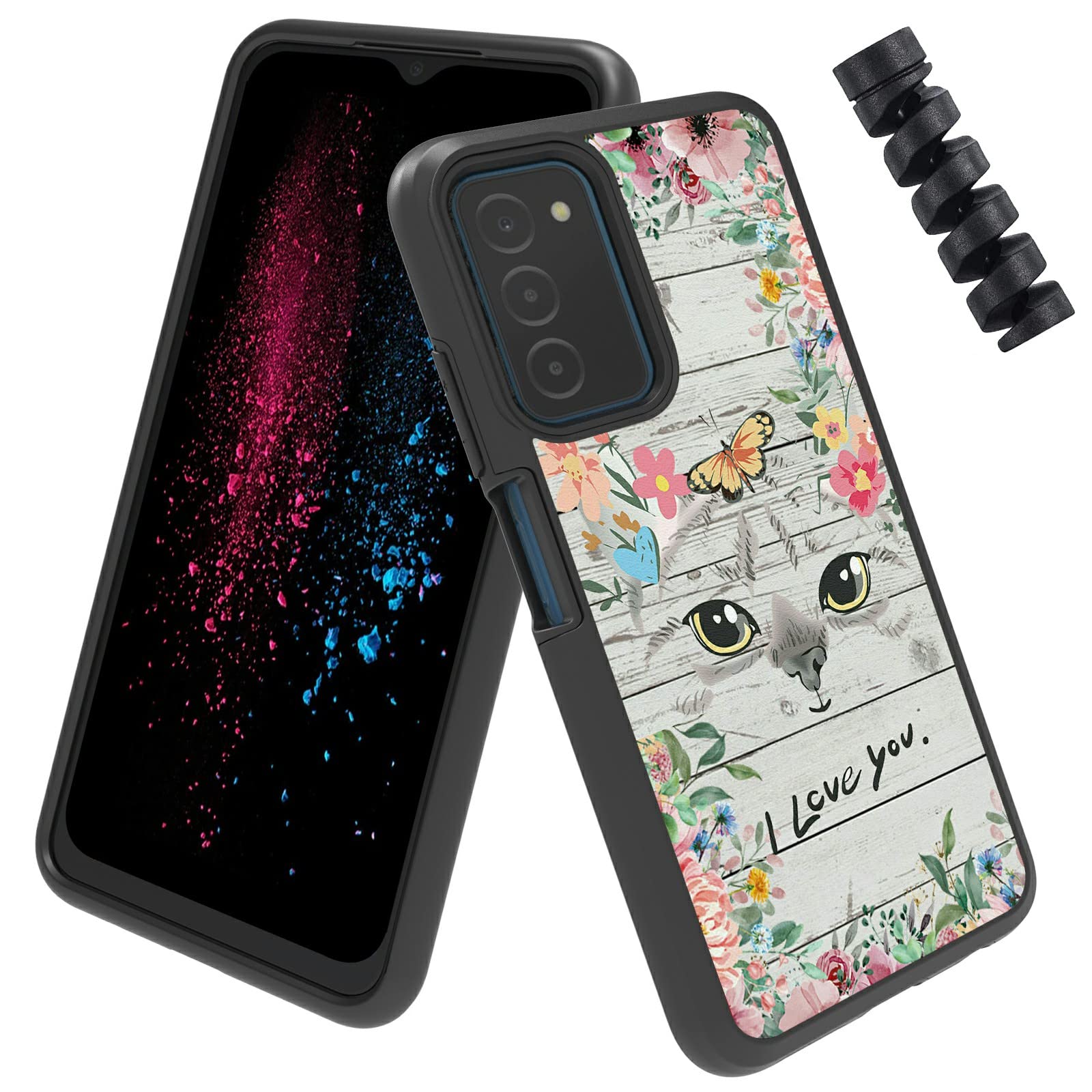 BWEGRHE for Samsung Galaxy A03S 5G Case + Cable Protector, Men Womens Phone Case for Galaxy A03S with Cat Flowers Design Dual Layer Hard PC Soft Silicone Bumper Shockproof Cover
