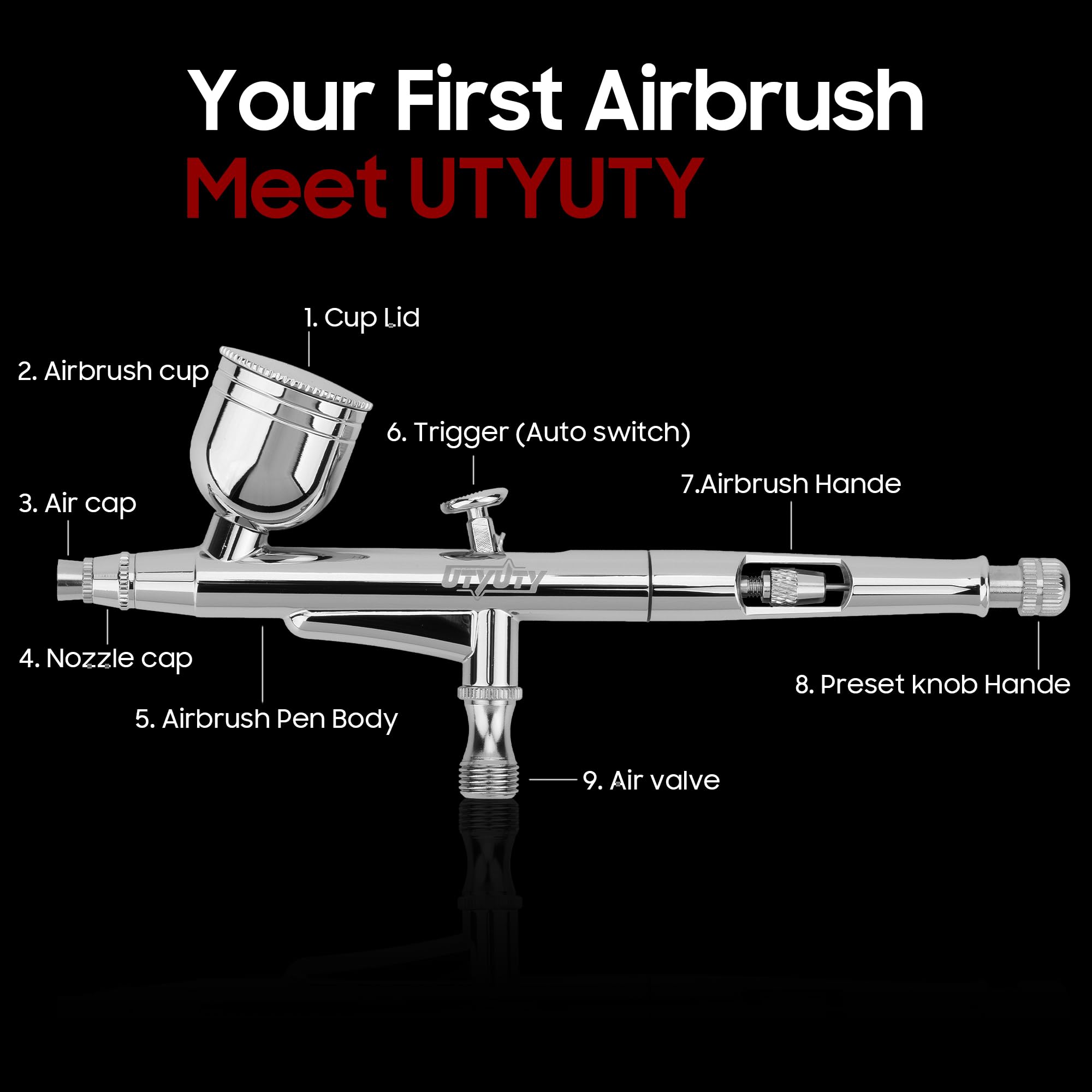 Kit de aerógrafo con compresor, 27 PSI, 7 niveles de presión, portátil, 35 dB, ultra silencioso, cepillo de aire de doble acción sin obstrucción con boquilla de 0.3 mm, kit de limpieza para