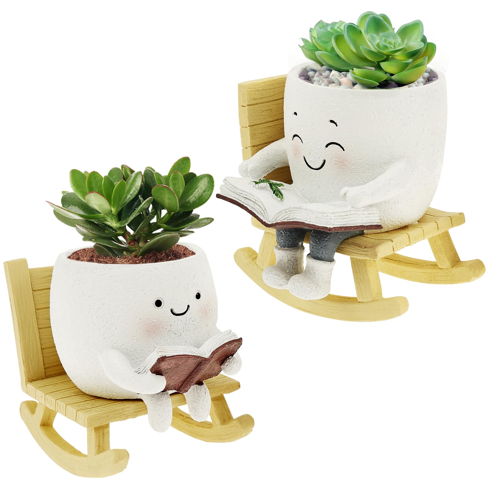 RHAIQBVC 2PCS Smile Face Planter Pot Cute Resin Flower Head Planter Indoor Outdoor Small Plant Pots with Drainage Hole Unique Succulent Pot for Garden Balcony