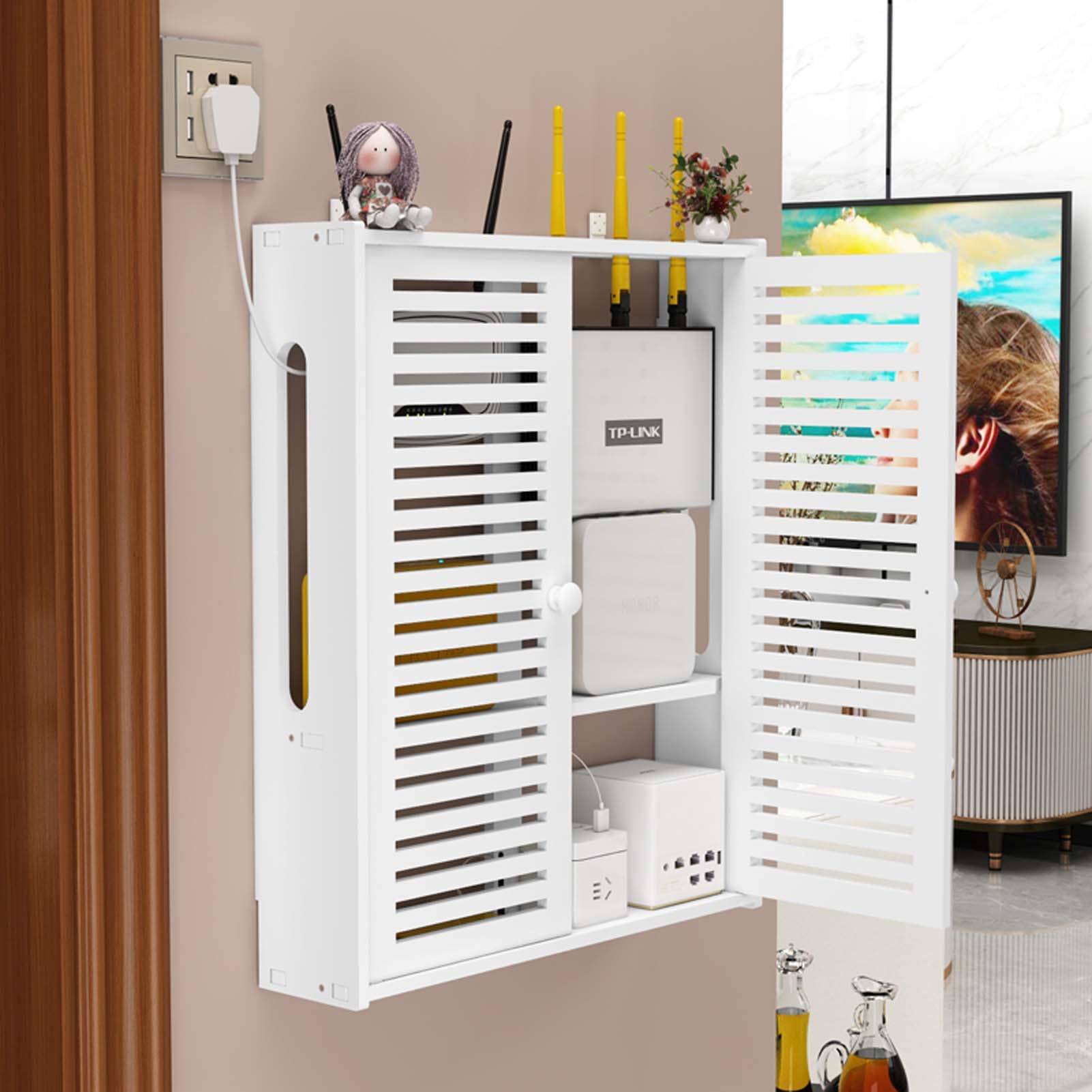 Vinbcorw Router Cabinet, Router Hiding Wall, Wall Router Storage Box for Home Office - Multifunctional Space Saving Shelf,White