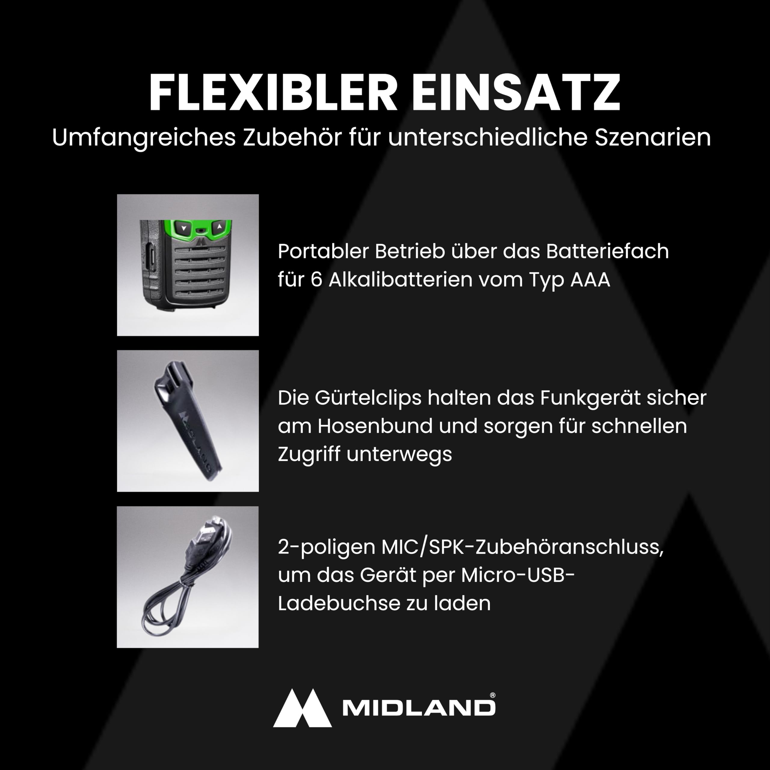 Midland XT30 PMR-Funkgerät mit Akku & Ladekabel, 6 km Reichweite, 16 Kanäle, VOX-Funktion, Walkie Talkies mit hervorragender Sprachqualität, Paar, grün